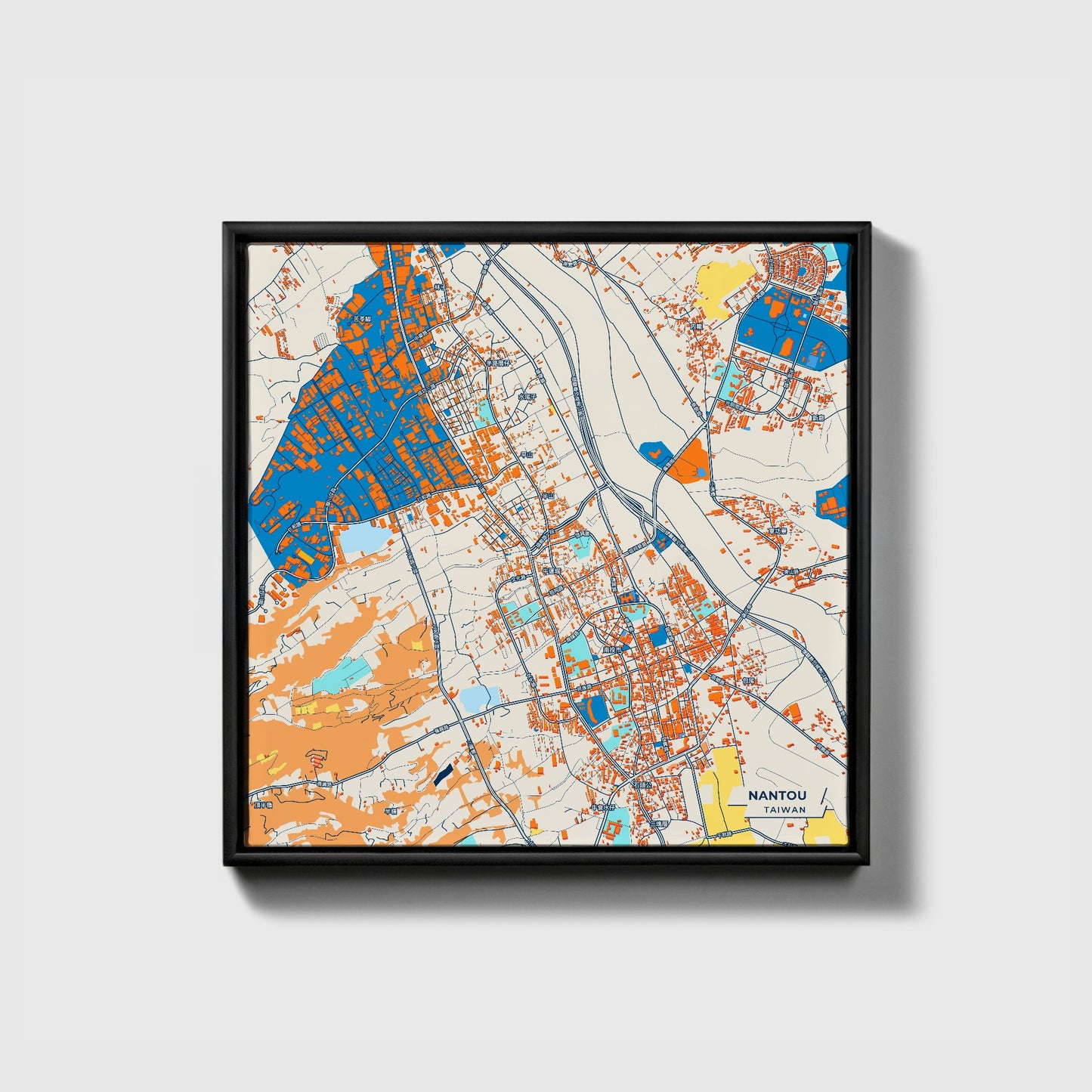 Nantou Taiwan Colorful City Map Canvas Print • Black Framed