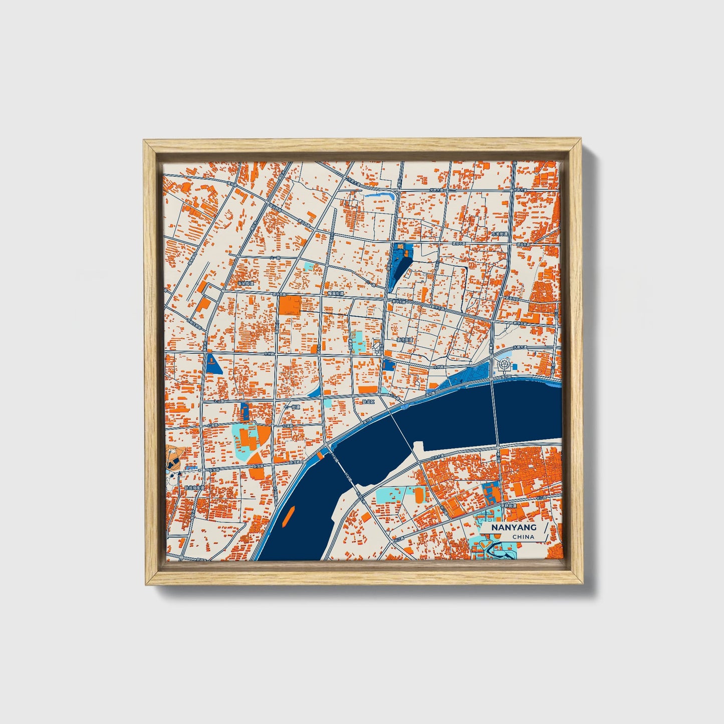 Nanyang China Colorful City Map Canvas Print • Natural Wooden Framed