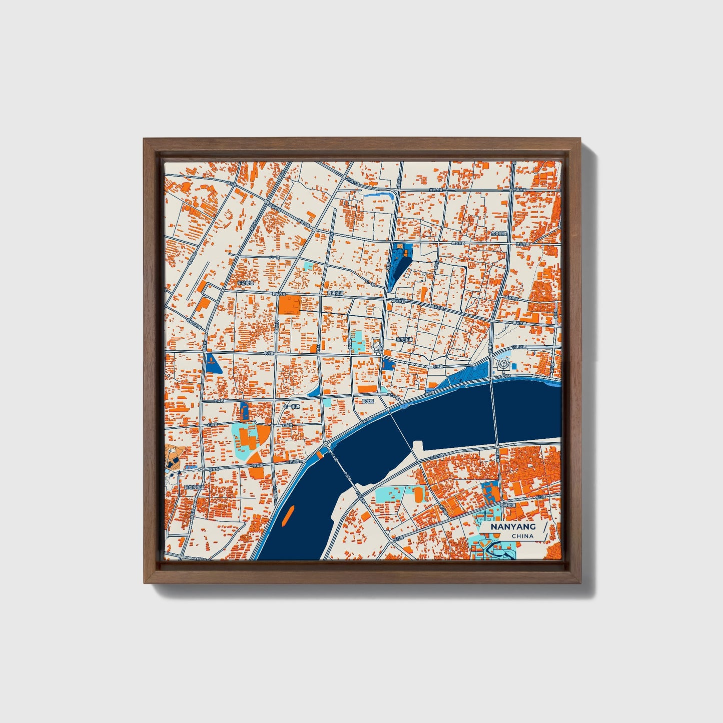 Nanyang China Colorful City Map Canvas Print • Dark Wooden Framed