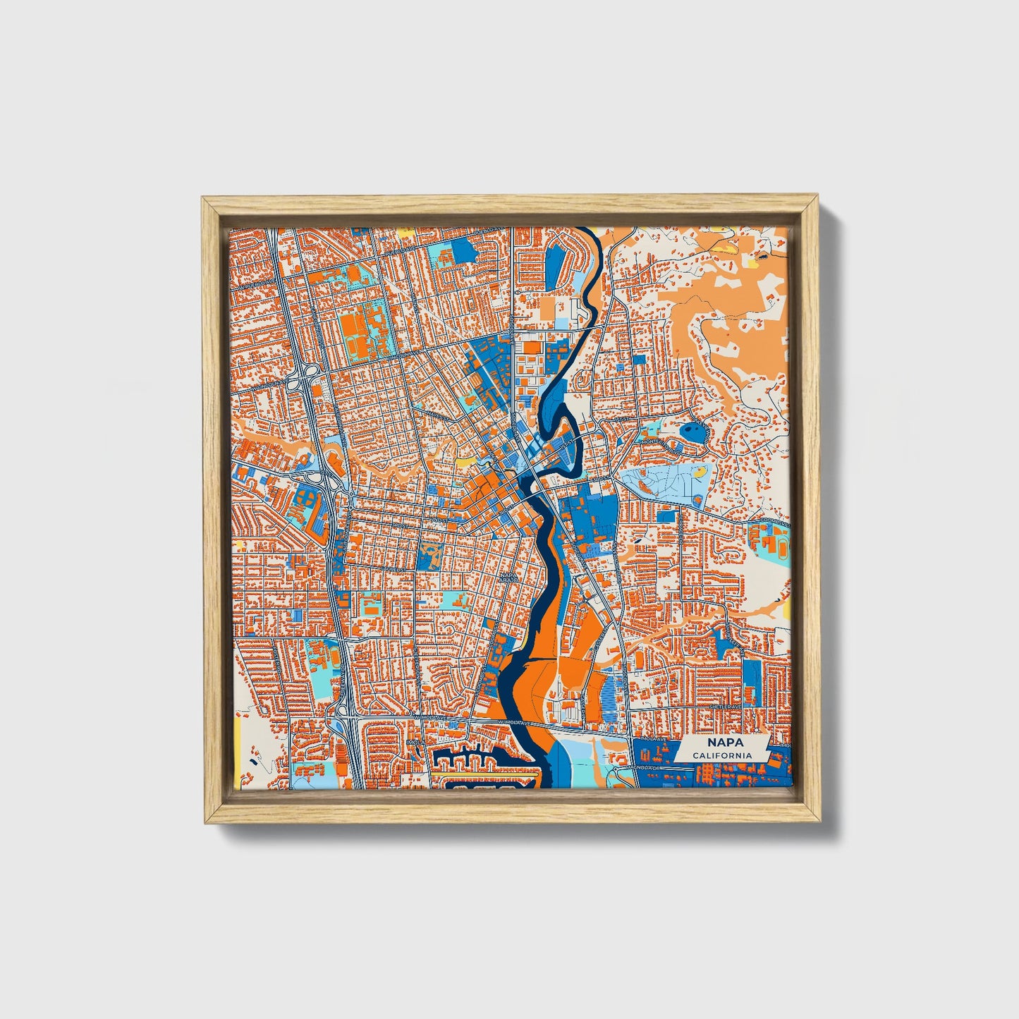 Napa California Colorful City Map Canvas Print • Natural Wooden Framed