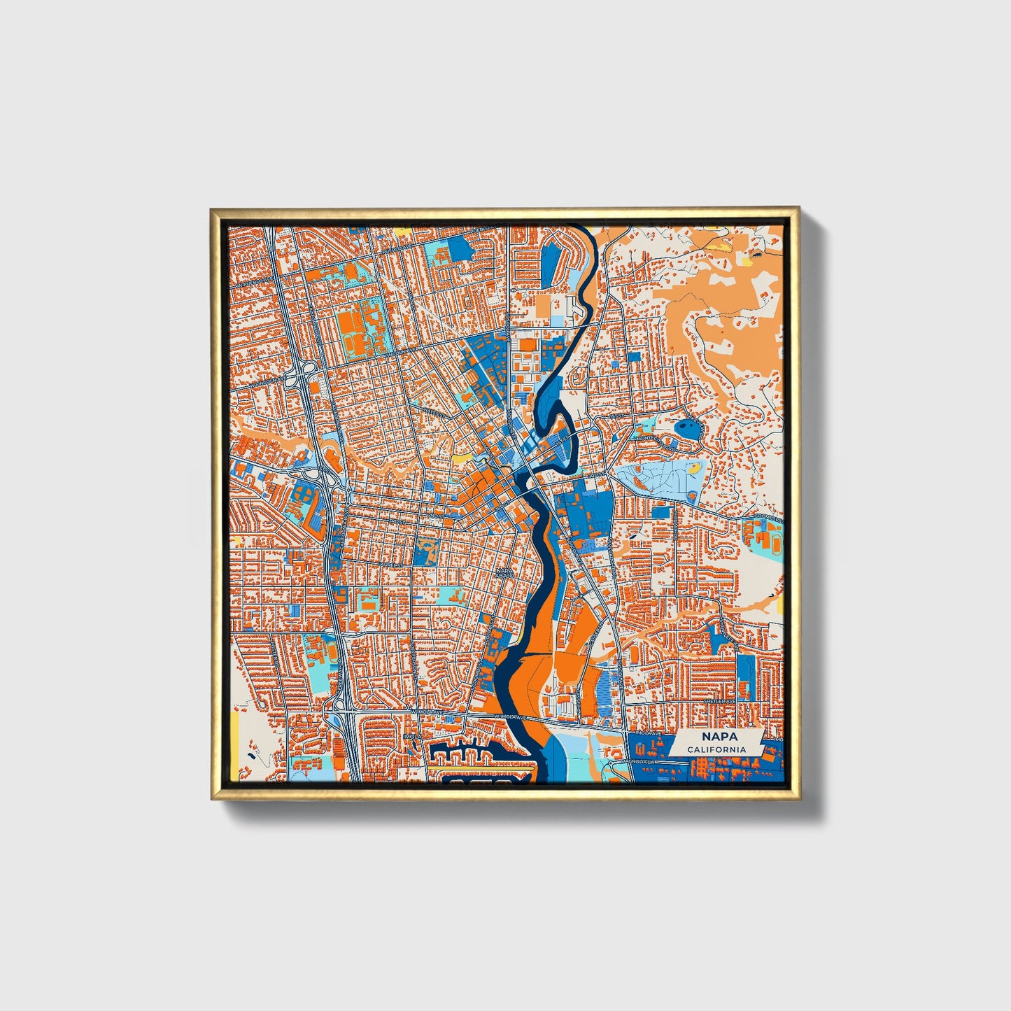 Napa California Colorful City Map Canvas Print • Gold Framed