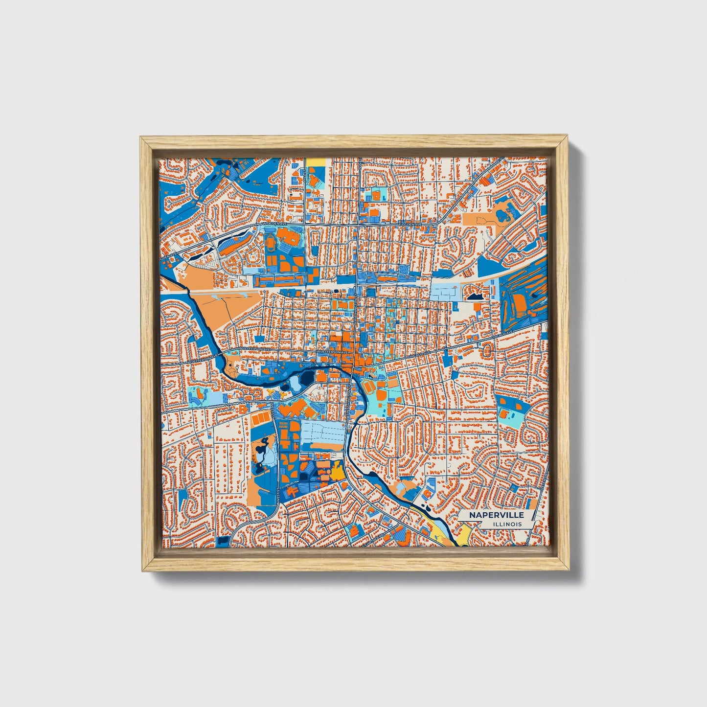 Naperville Illinois Colorful City Map Canvas Print • Natural Wooden Framed