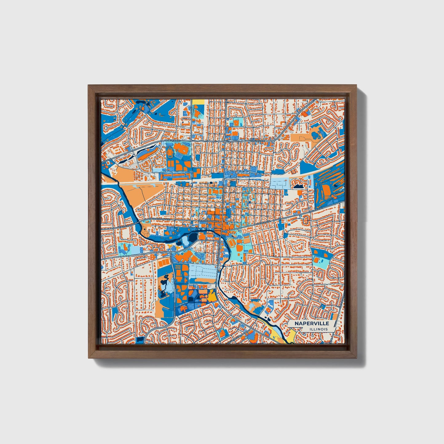 Naperville Illinois Colorful City Map Canvas Print • Dark Wooden Framed