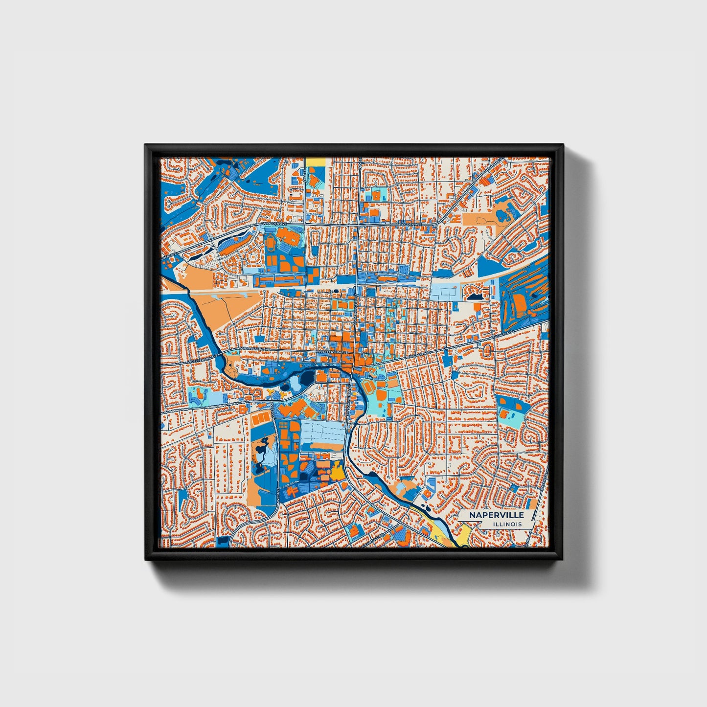 Naperville Illinois Colorful City Map Canvas Print • Black Framed