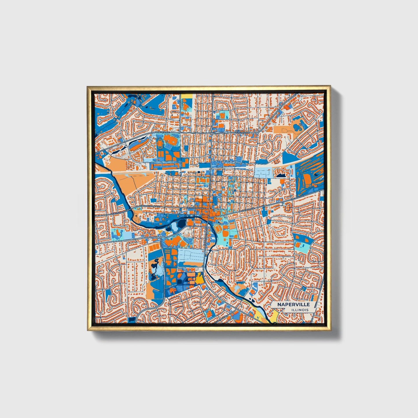 Naperville Illinois Colorful City Map Canvas Print • Gold Framed