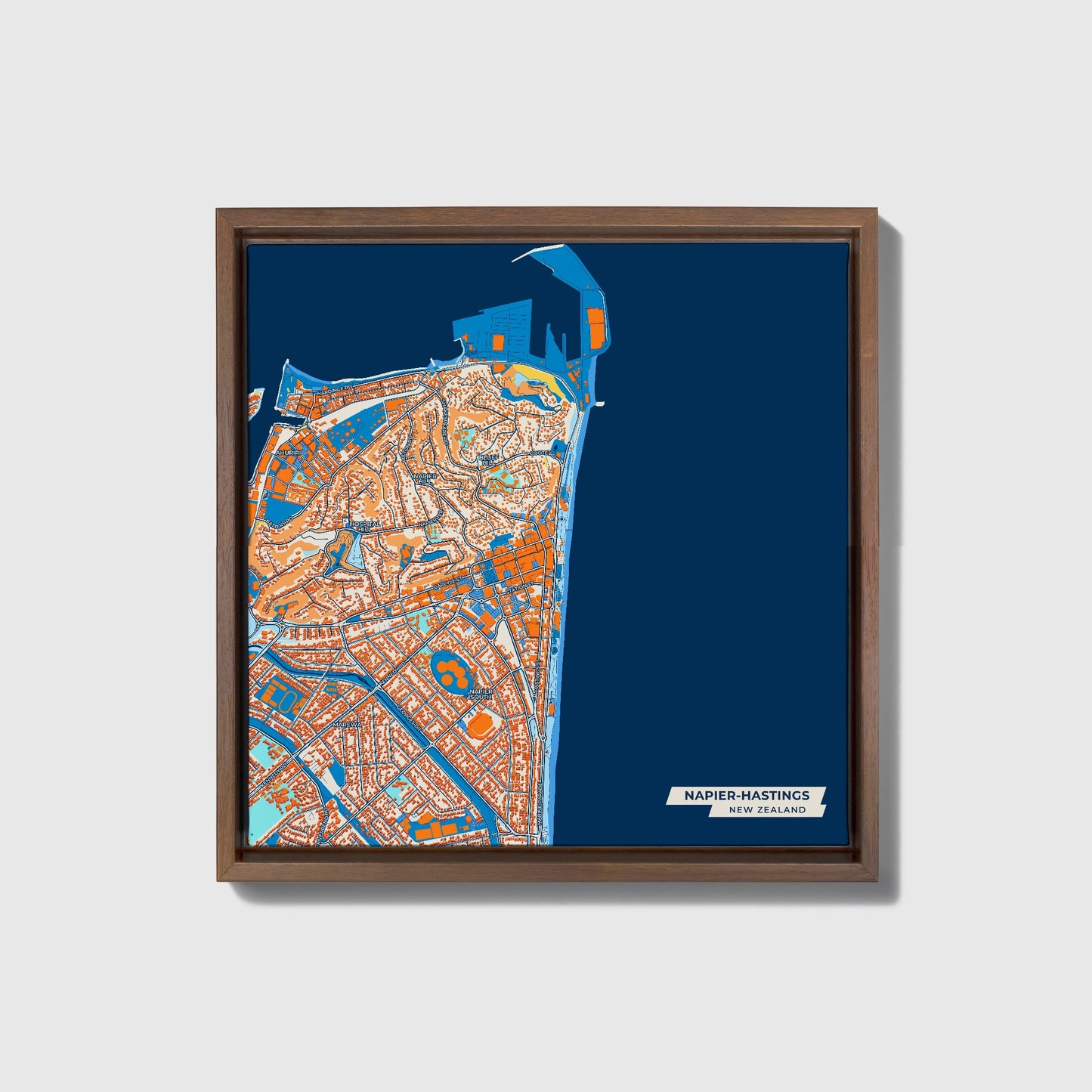 Napier-Hastings New Zealand Colorful City Map Canvas Print • Dark Wooden Framed