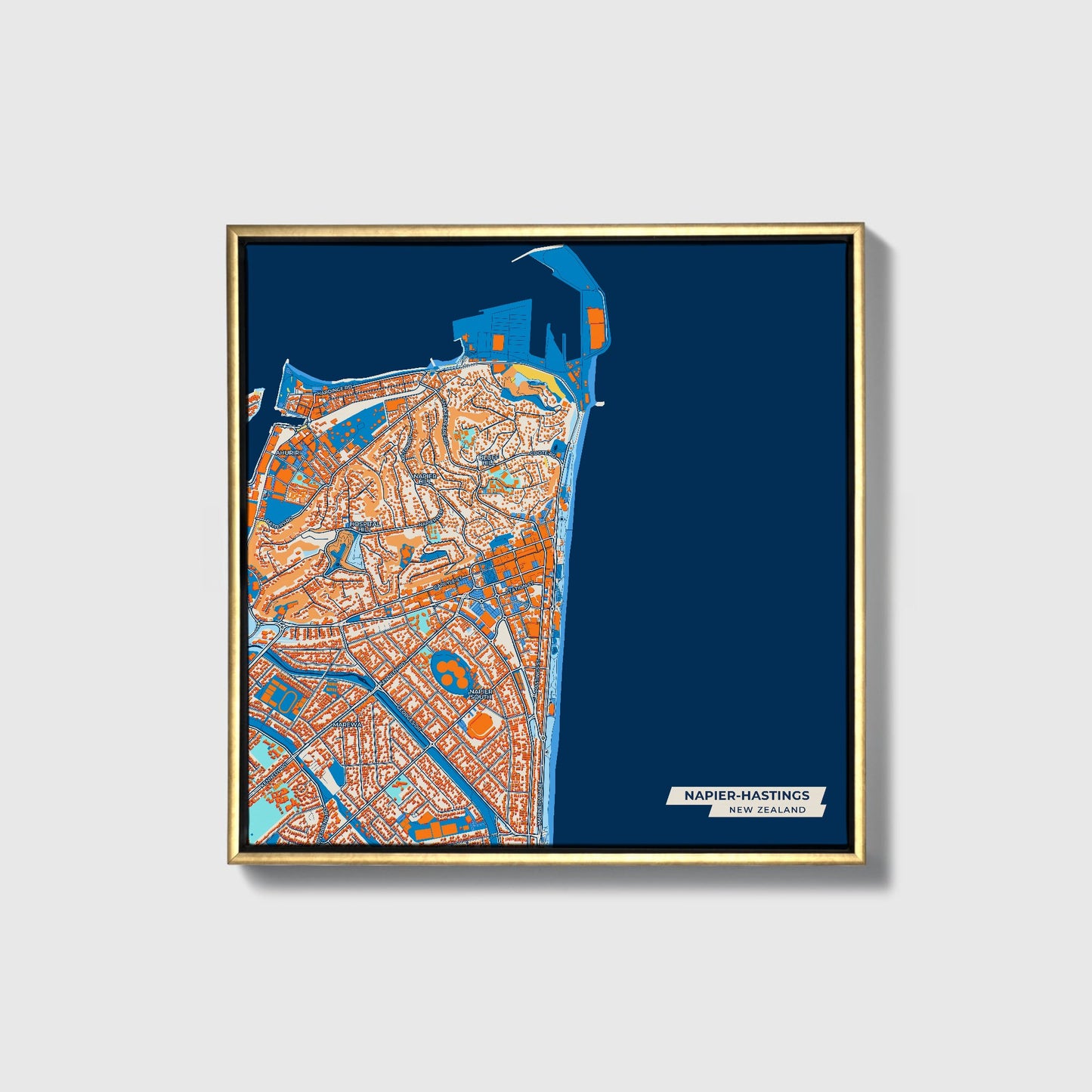 Napier-Hastings New Zealand Colorful City Map Canvas Print • Gold Framed