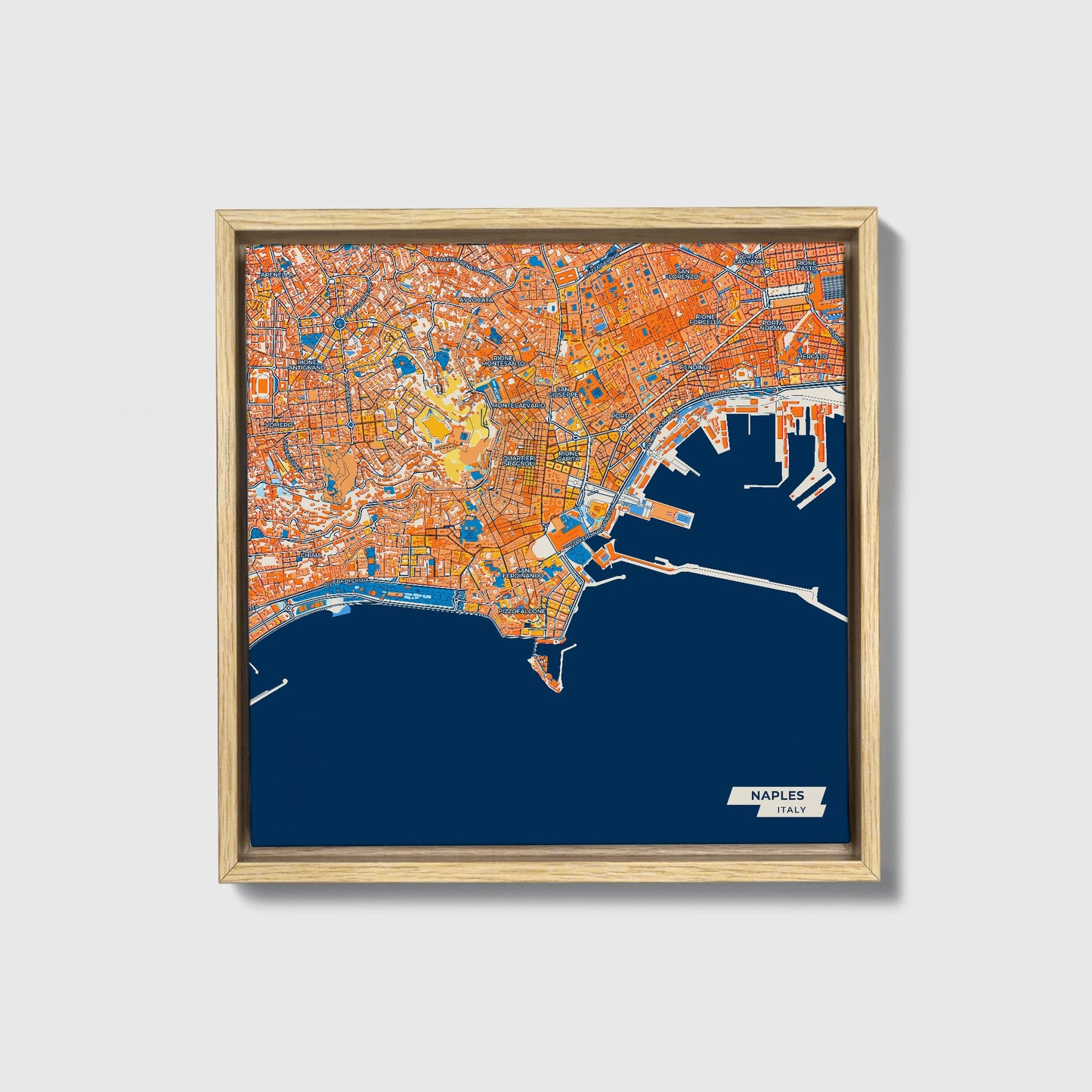 Napoli Italy Colorful City Map Canvas Print • Natural Wooden Framed