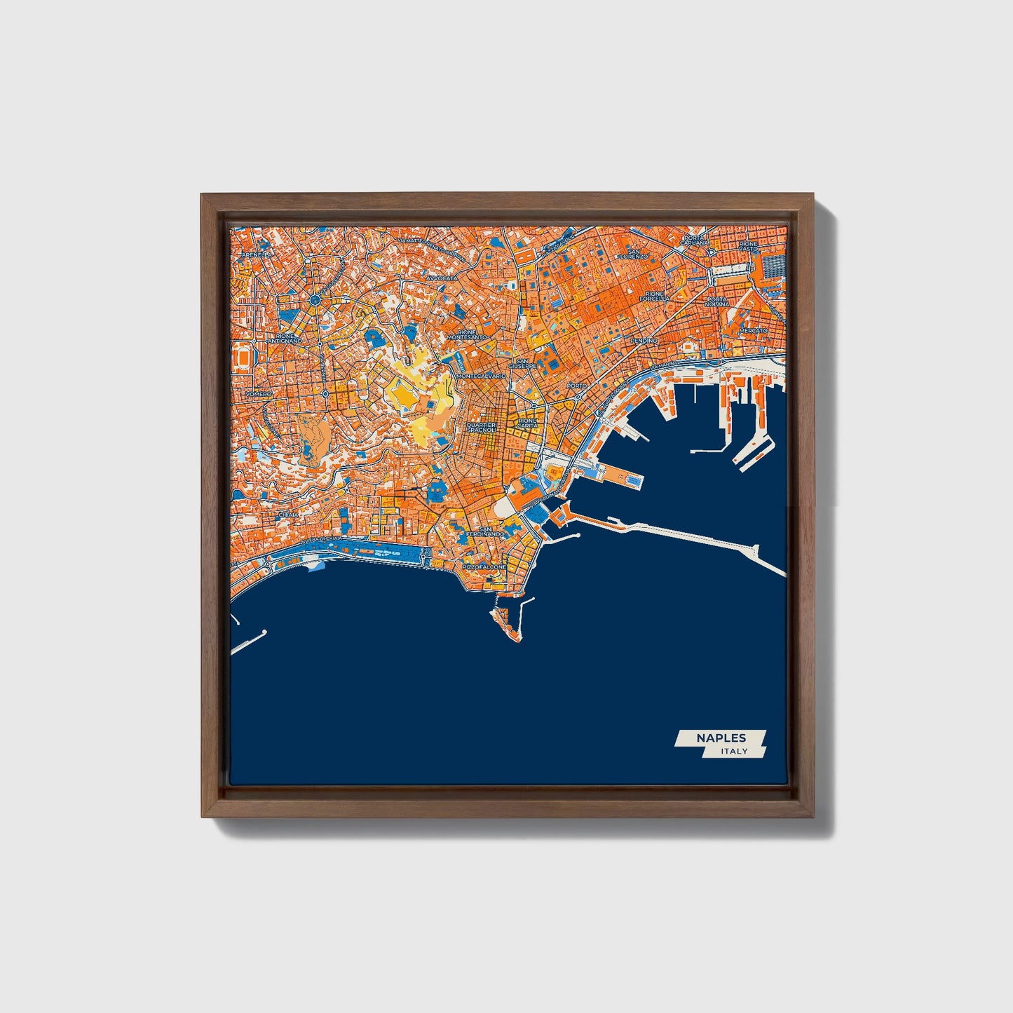 Napoli Italy Colorful City Map Canvas Print • Dark Wooden Framed