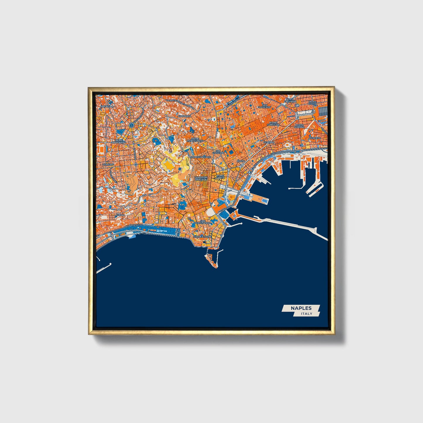 Napoli Italy Colorful City Map Canvas Print • Gold Framed