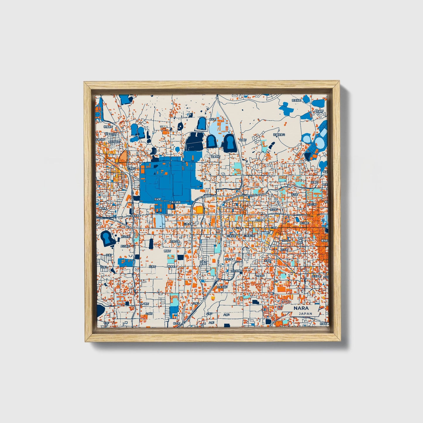 Nara Japan Colorful City Map Canvas Print • Natural Wooden Framed