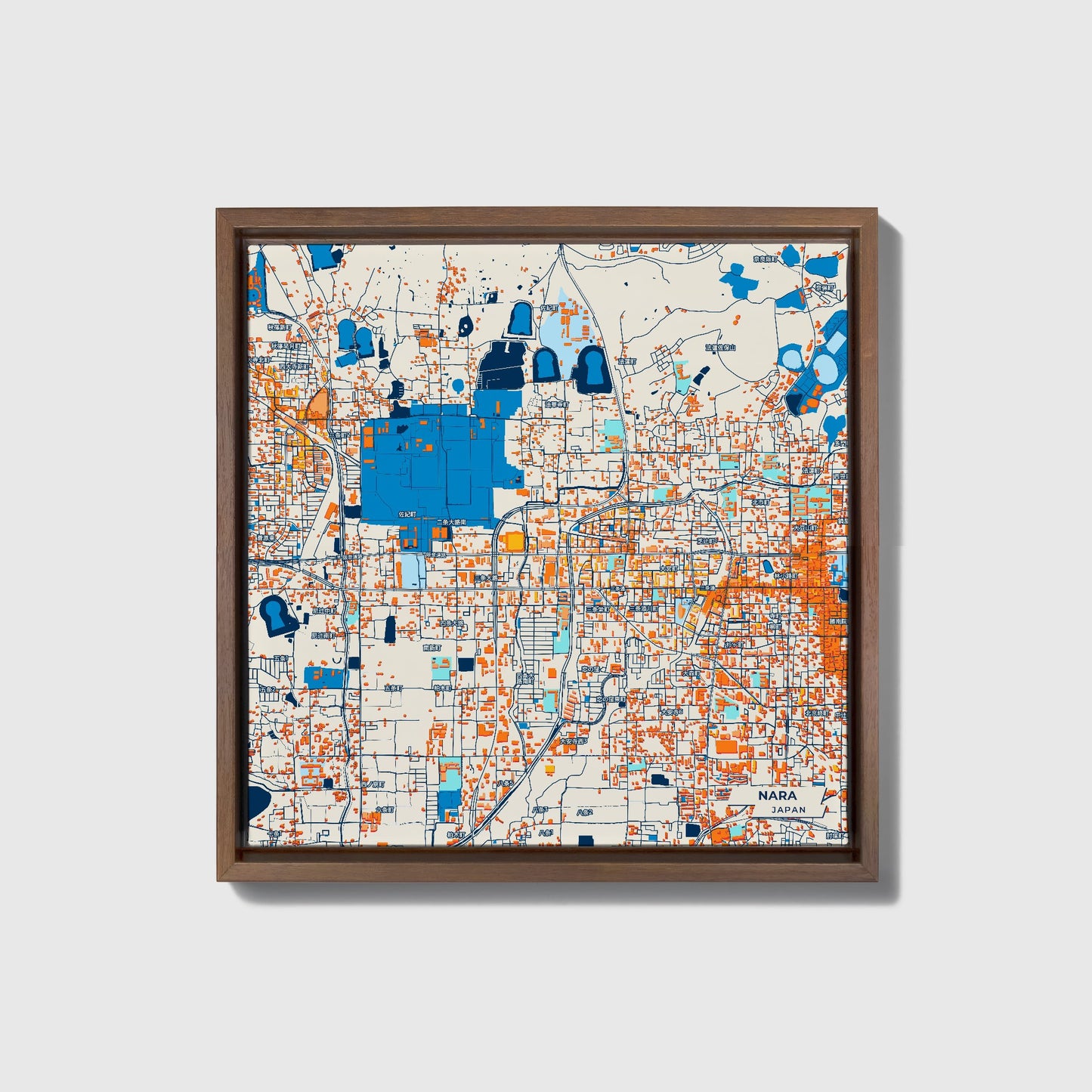Nara Japan Colorful City Map Canvas Print • Dark Wooden Framed