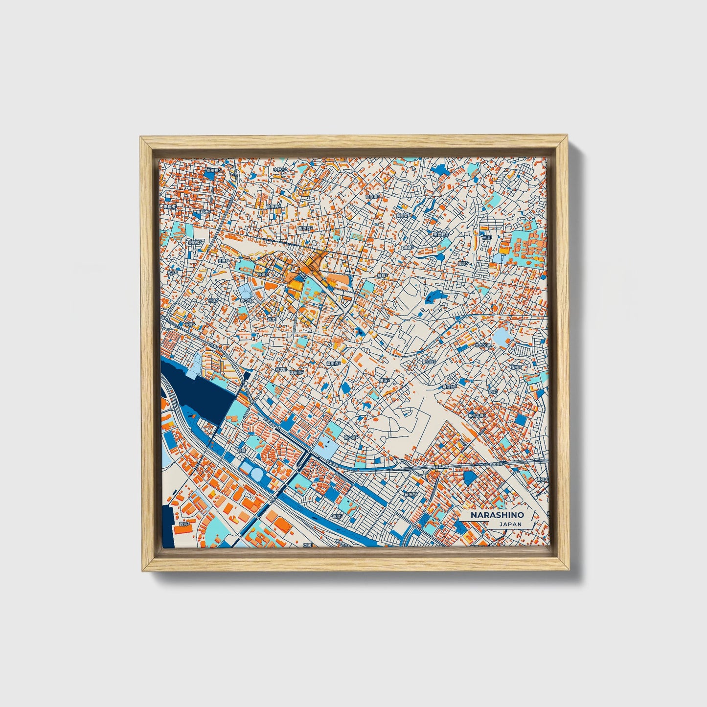 Narashino Japan Colorful City Map Canvas Print • Natural Wooden Framed
