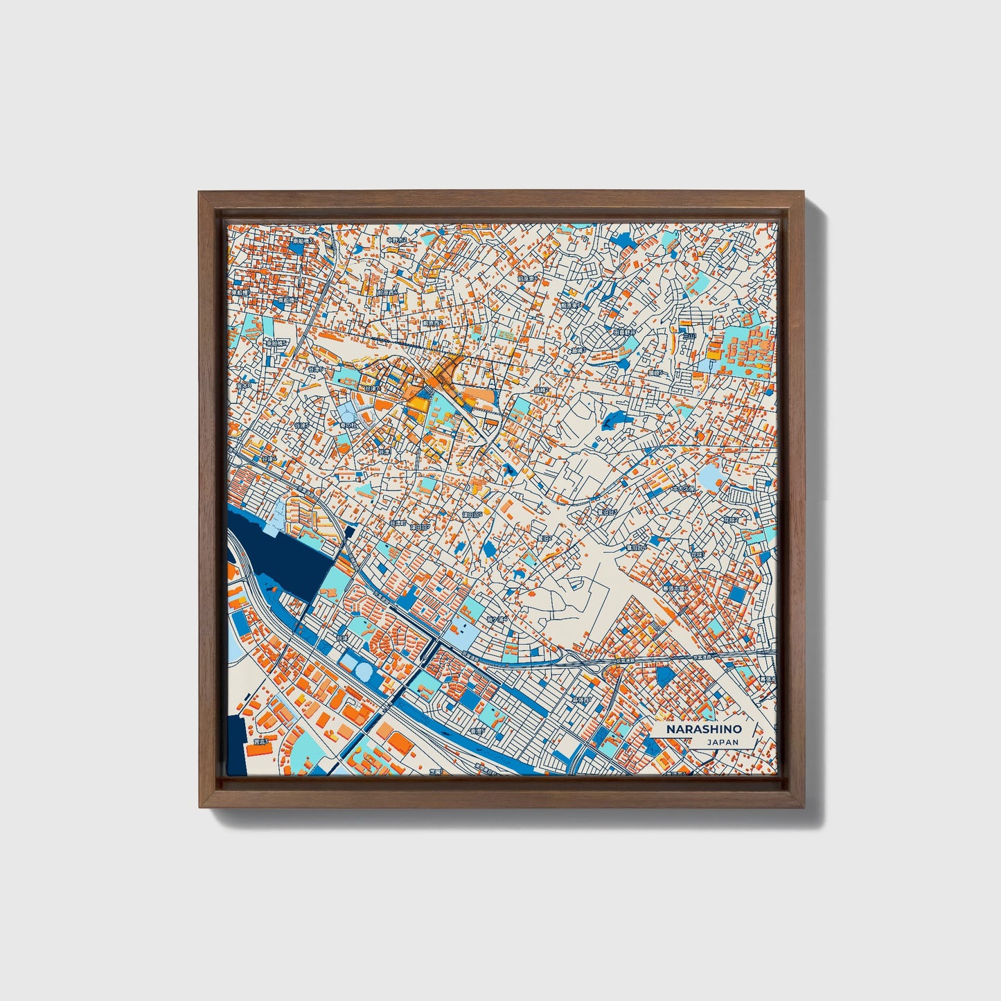 Narashino Japan Colorful City Map Canvas Print • Dark Wooden Framed