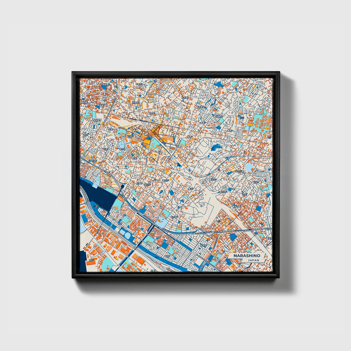 Narashino Japan Colorful City Map Canvas Print • Black Framed