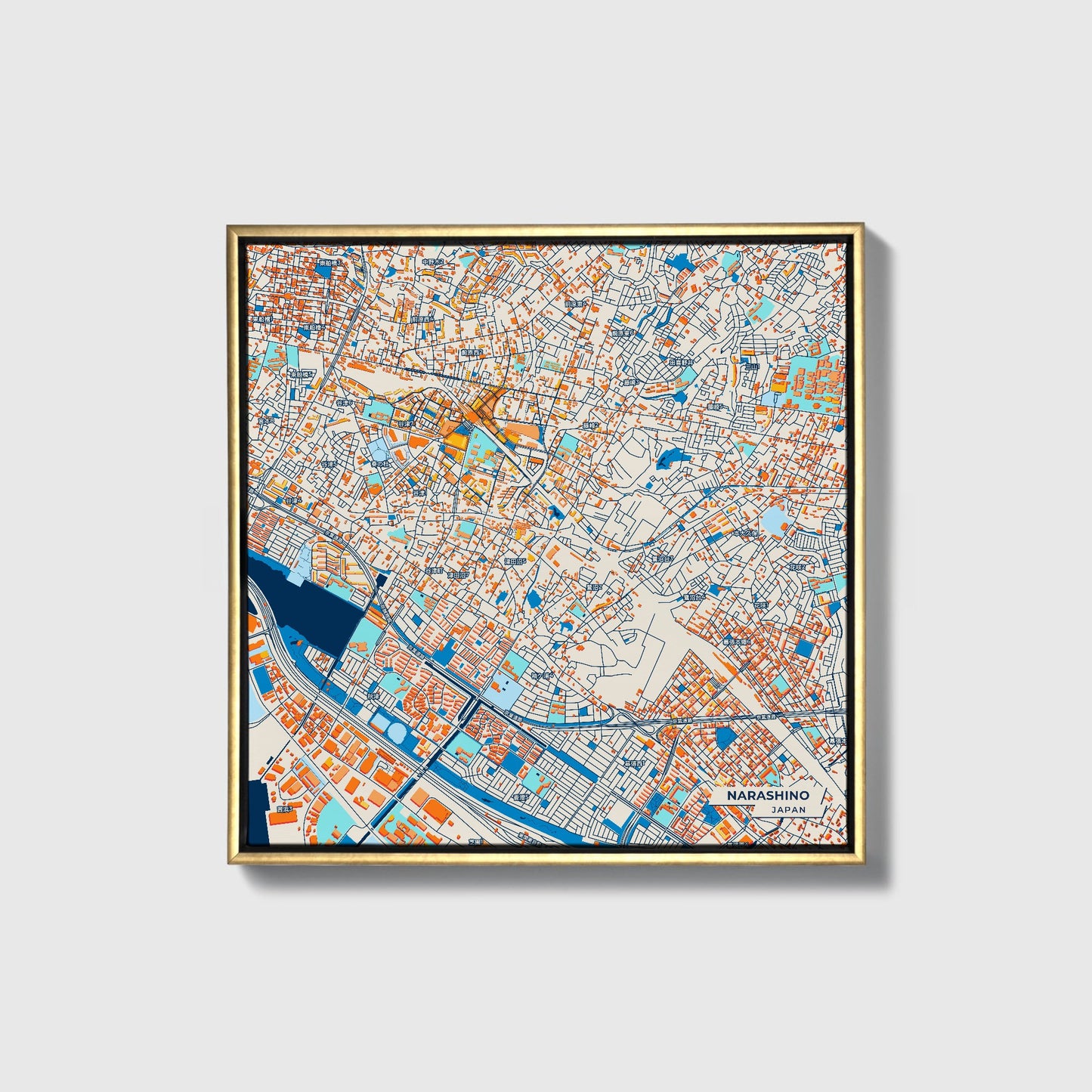 Narashino Japan Colorful City Map Canvas Print • Gold Framed