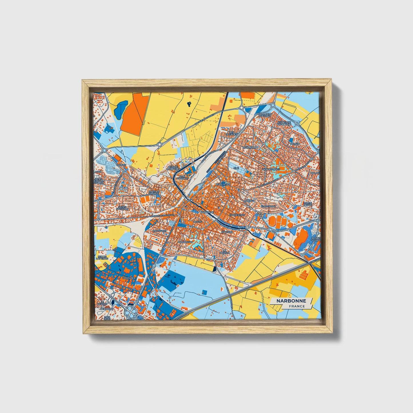 Narbonne France Colorful City Map Canvas Print • Natural Wooden Framed
