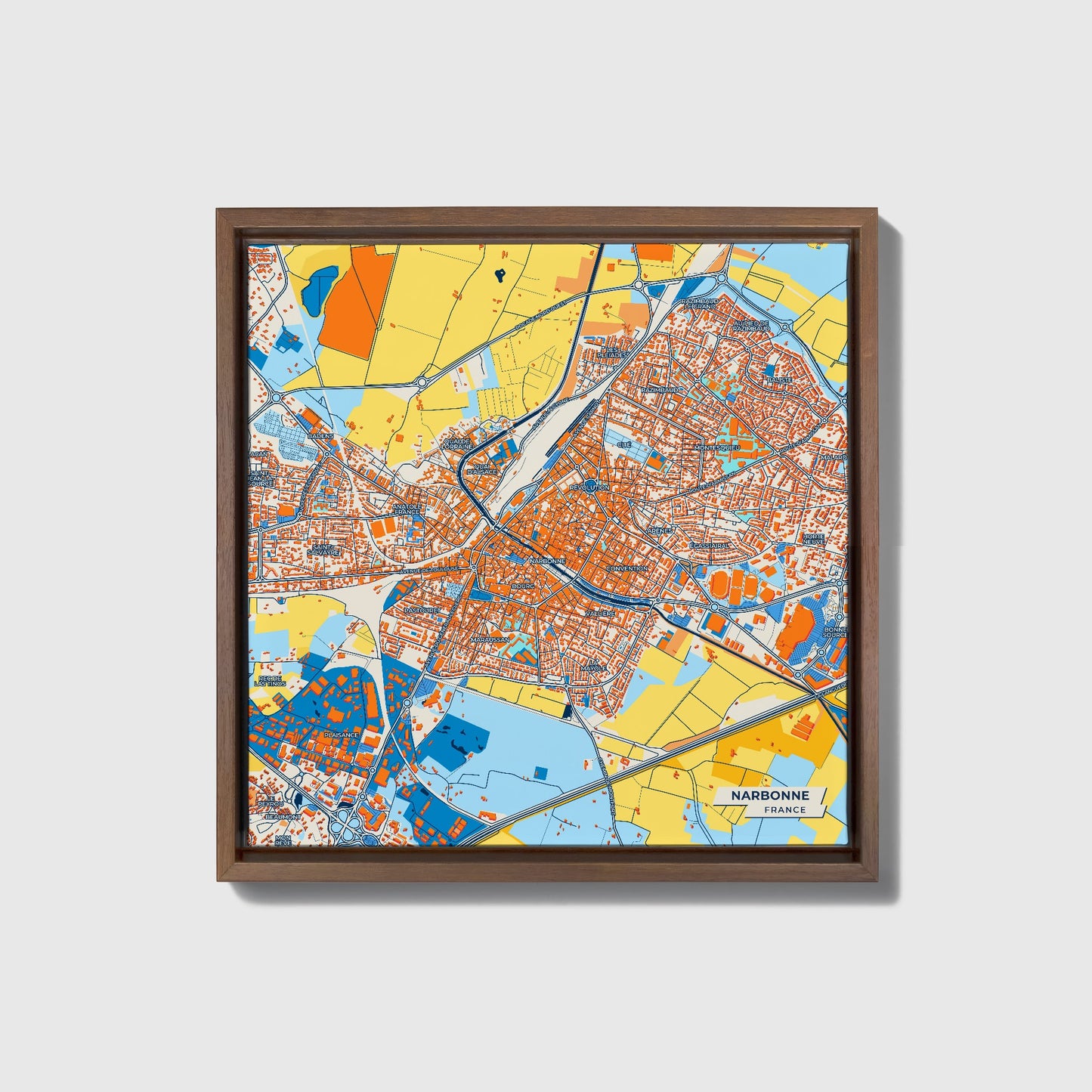 Narbonne France Colorful City Map Canvas Print • Dark Wooden Framed