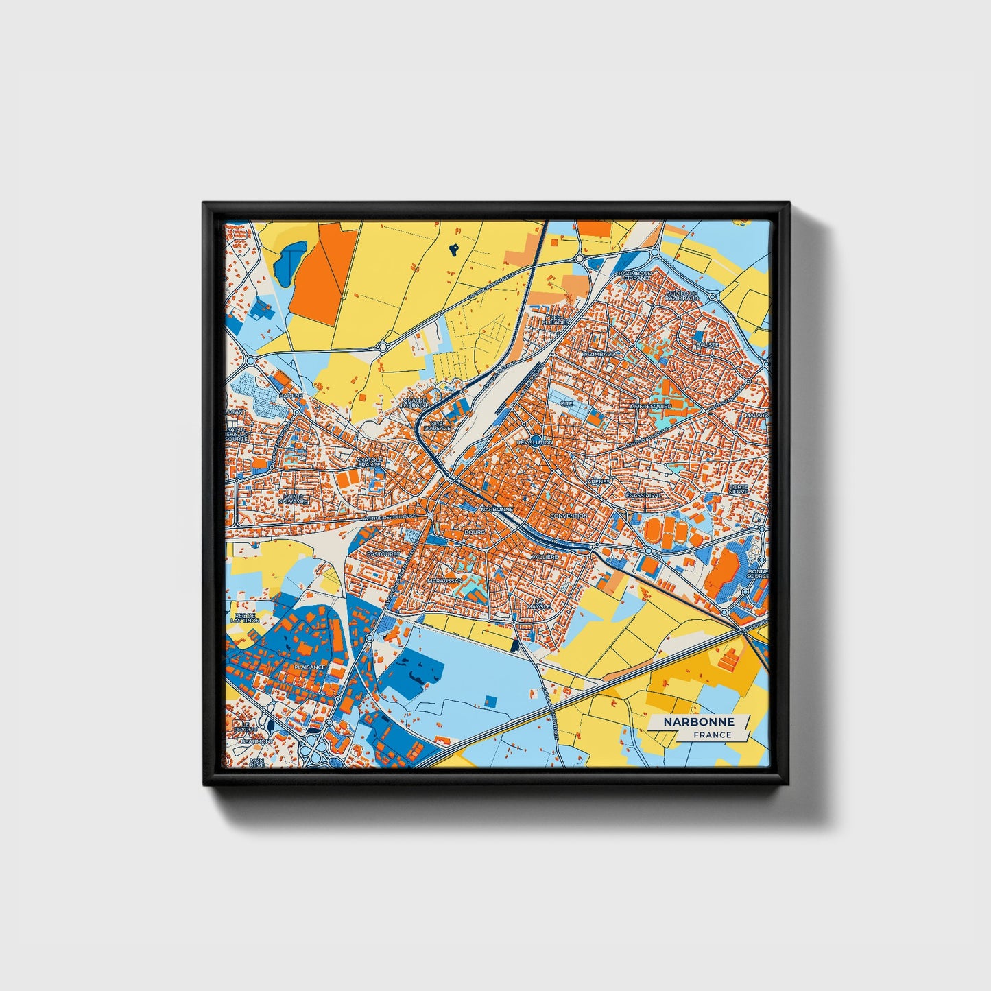 Narbonne France Colorful City Map Canvas Print • Black Framed