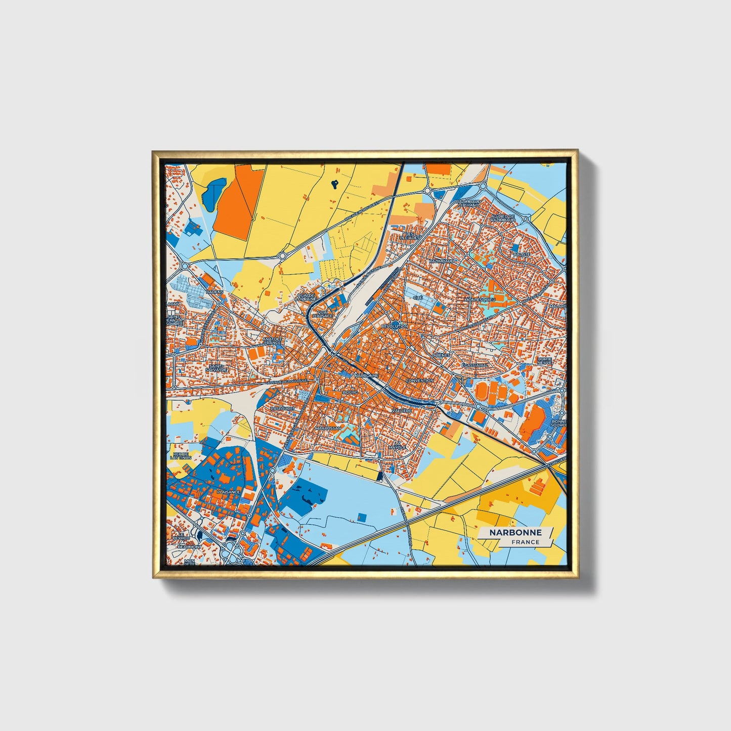 Narbonne France Colorful City Map Canvas Print • Gold Framed