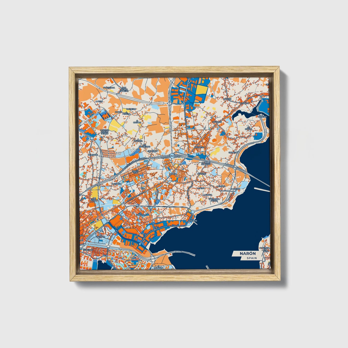 Narón Spain Colorful City Map Canvas Print • Natural Wooden Framed
