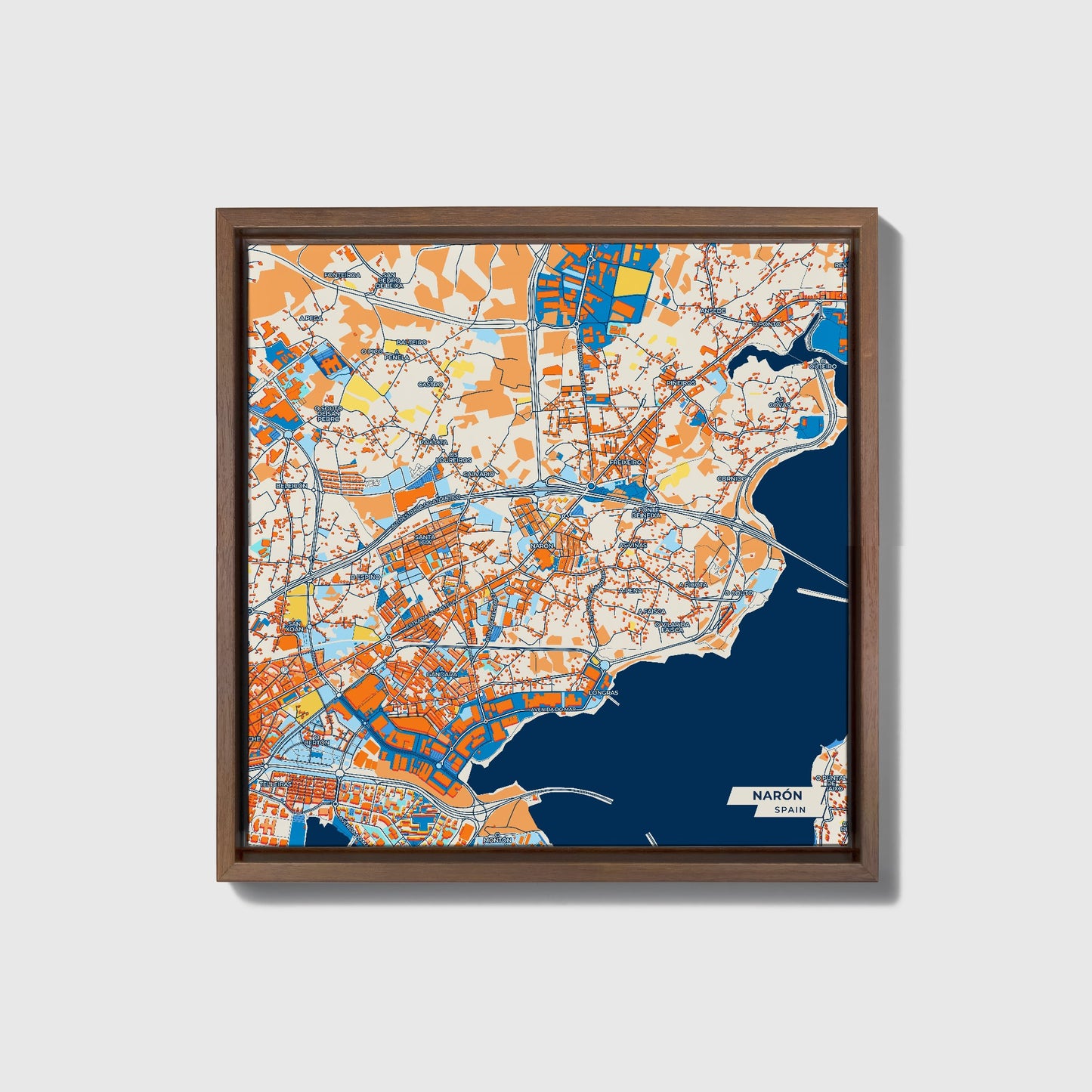 Narón Spain Colorful City Map Canvas Print • Dark Wooden Framed