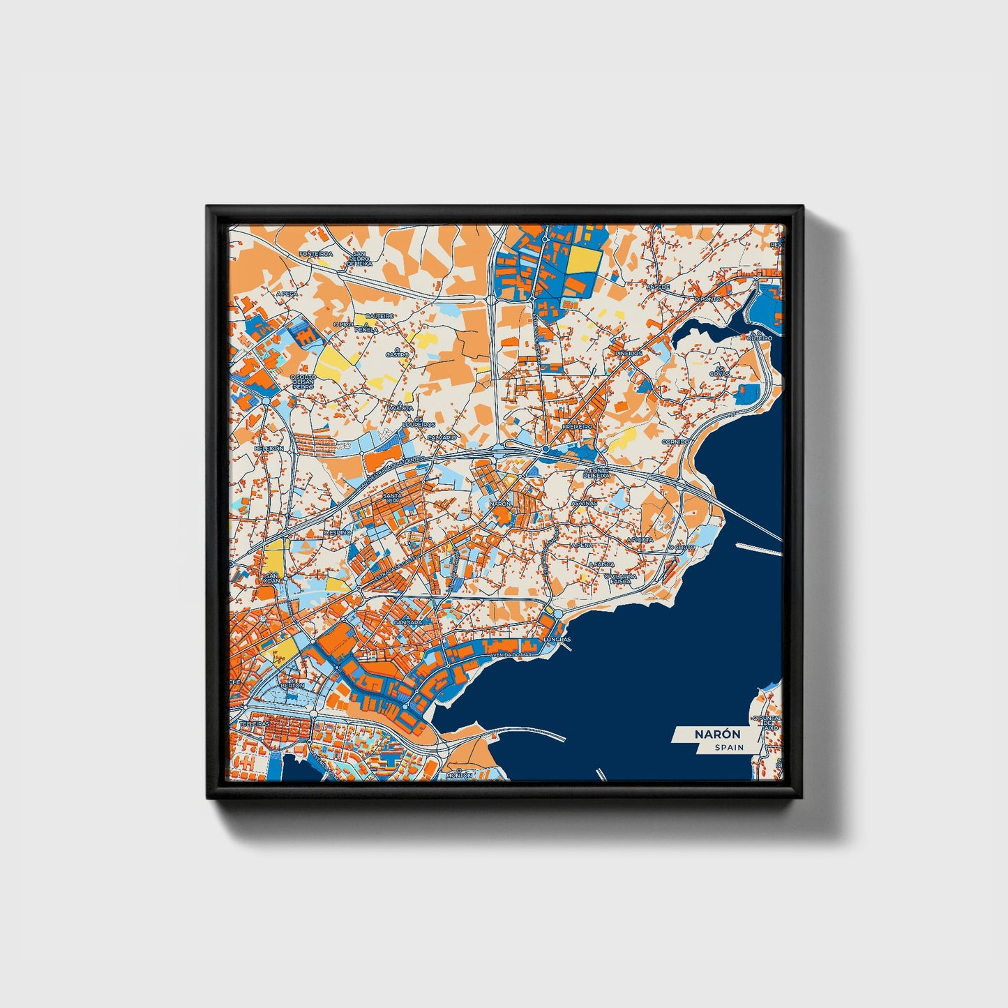 Narón Spain Colorful City Map Canvas Print • Black Framed