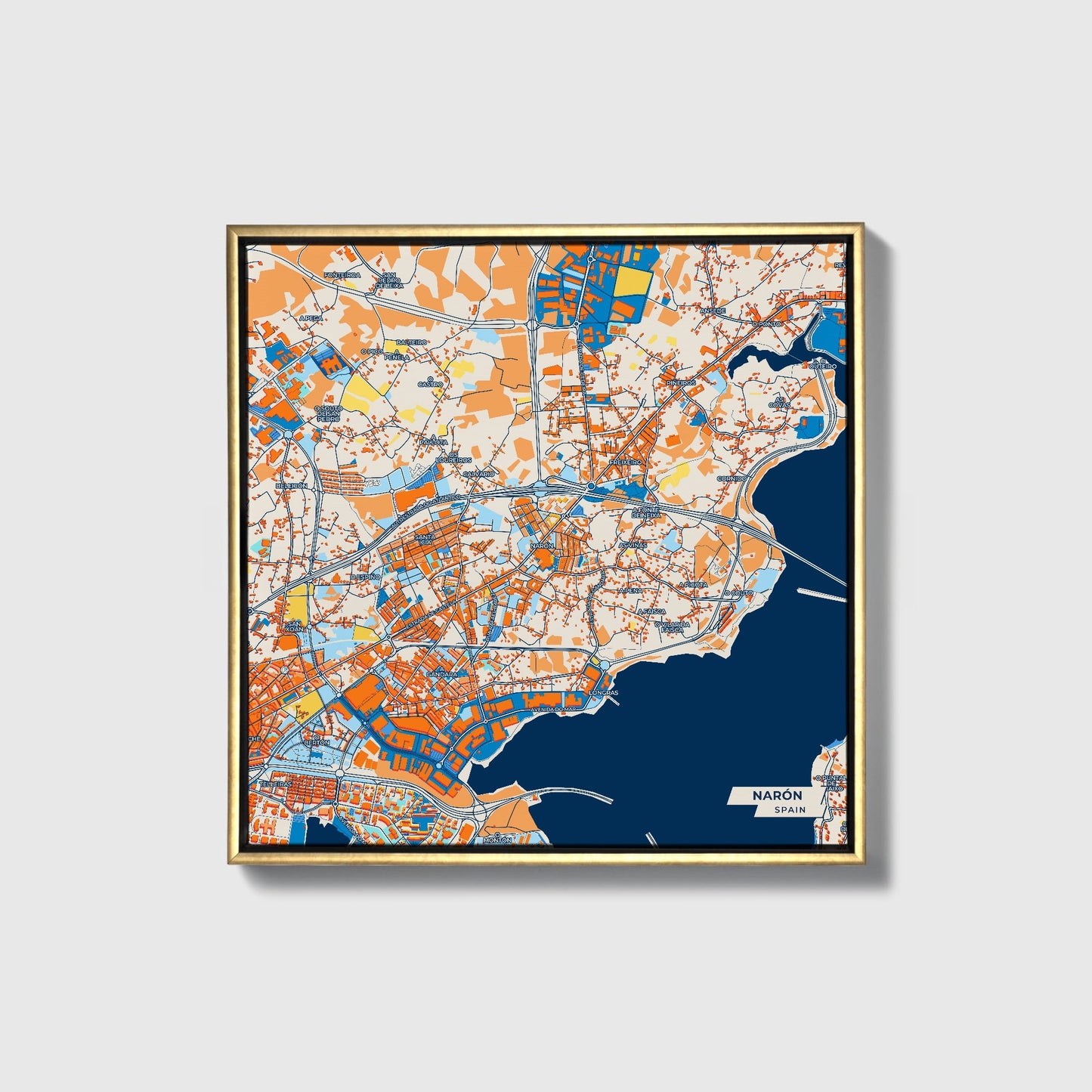 Narón Spain Colorful City Map Canvas Print • Gold Framed
