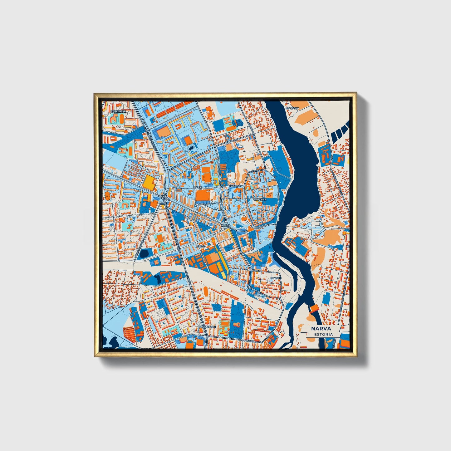 Narva Estonia Colorful City Map Canvas Print • Gold Framed