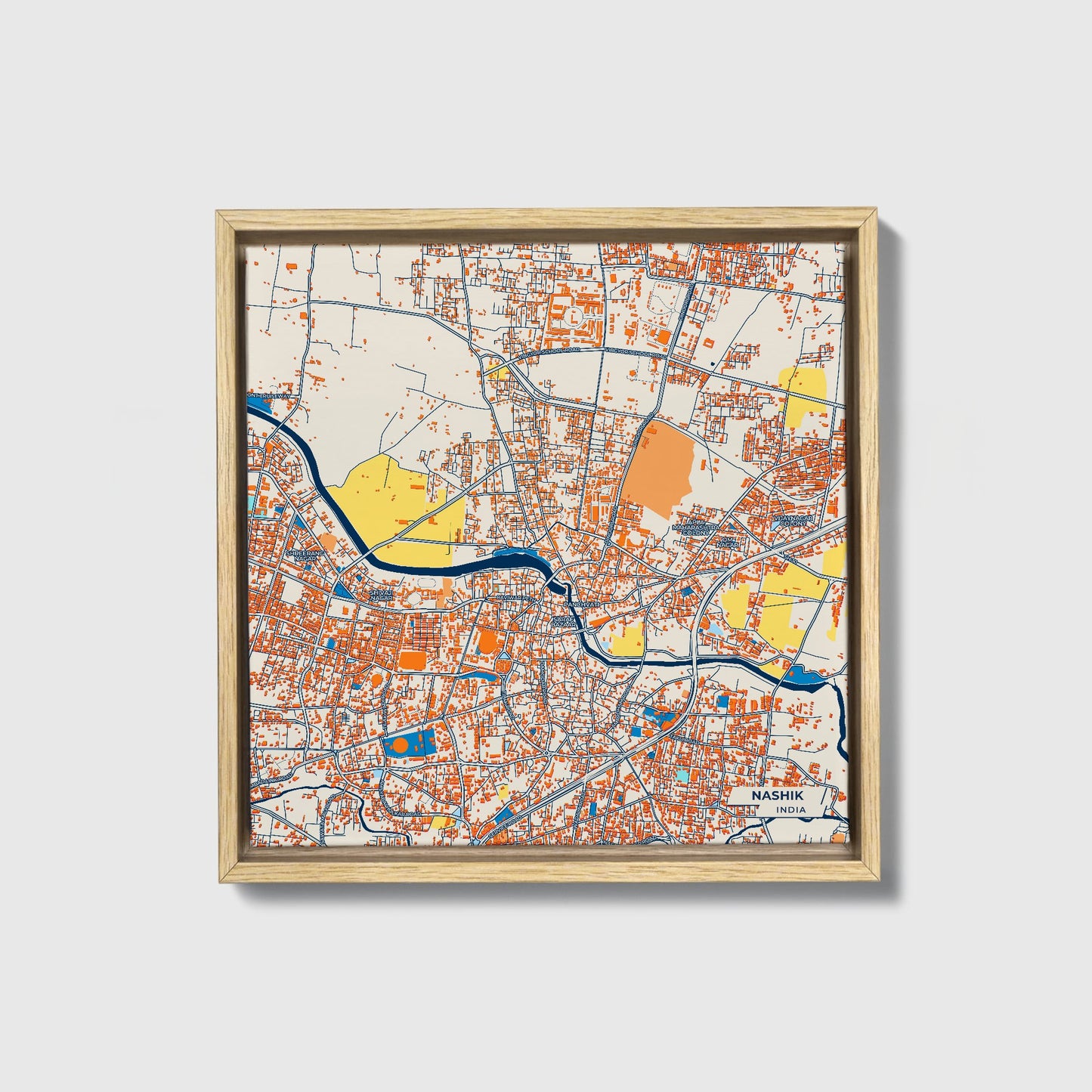 Nashik India Colorful City Map Canvas Print • Natural Wooden Framed