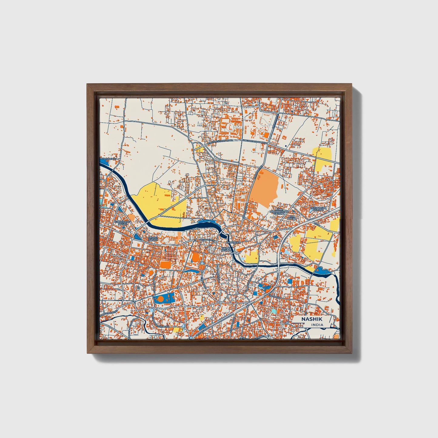 Nashik India Colorful City Map Canvas Print • Dark Wooden Framed
