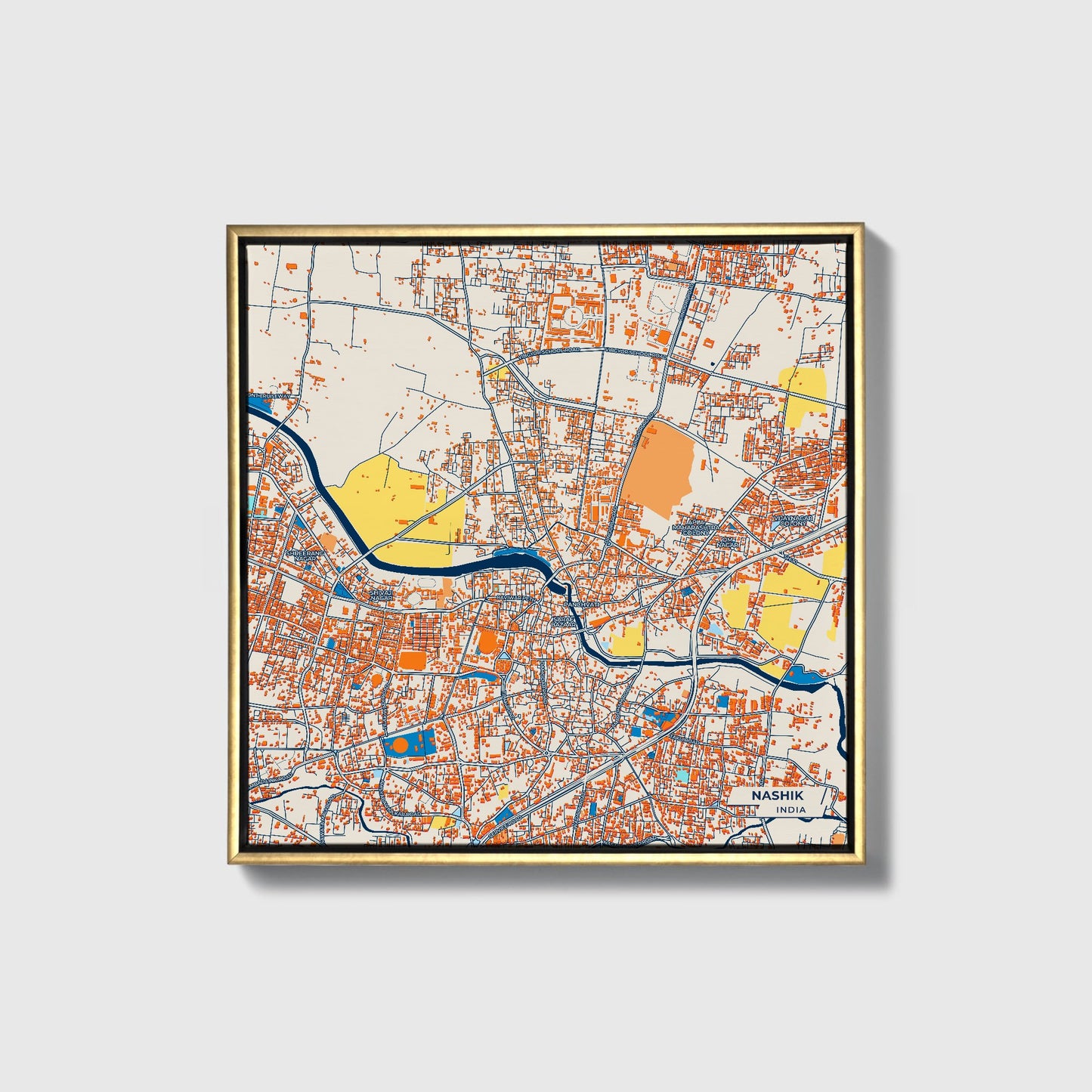 Nashik India Colorful City Map Canvas Print • Gold Framed