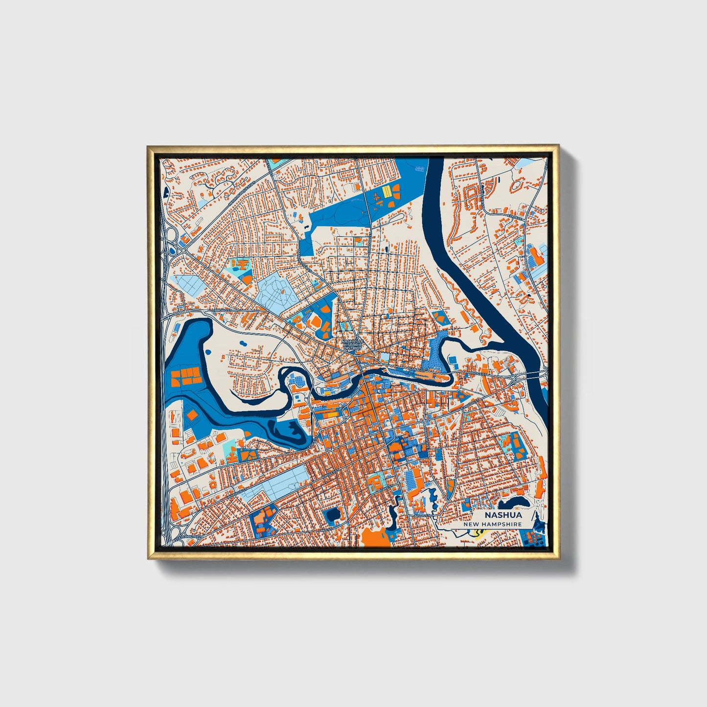 Nashua New Hampshire Colorful City Map Canvas Print • Gold Framed