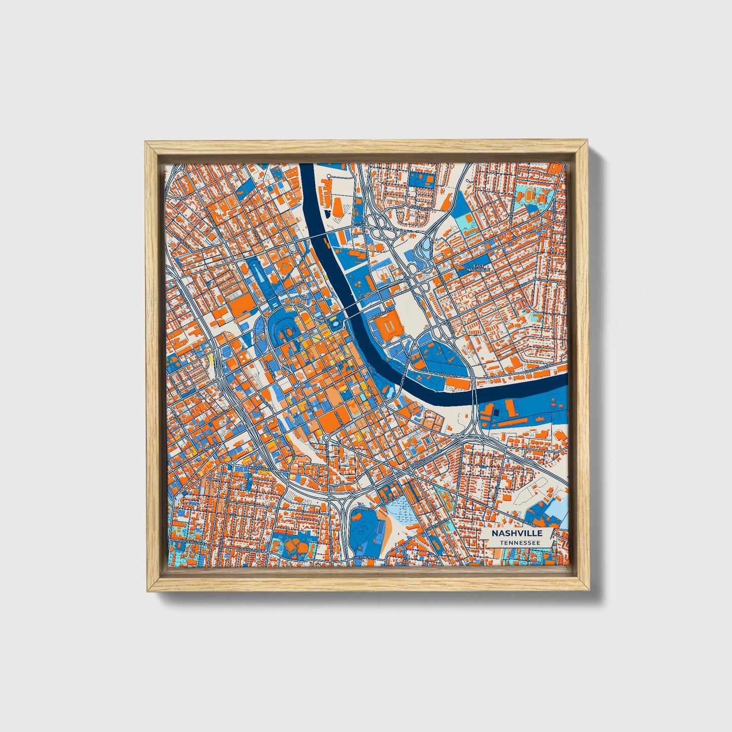 Nashville Tennessee Colorful City Map Canvas Print • Natural Wooden Framed