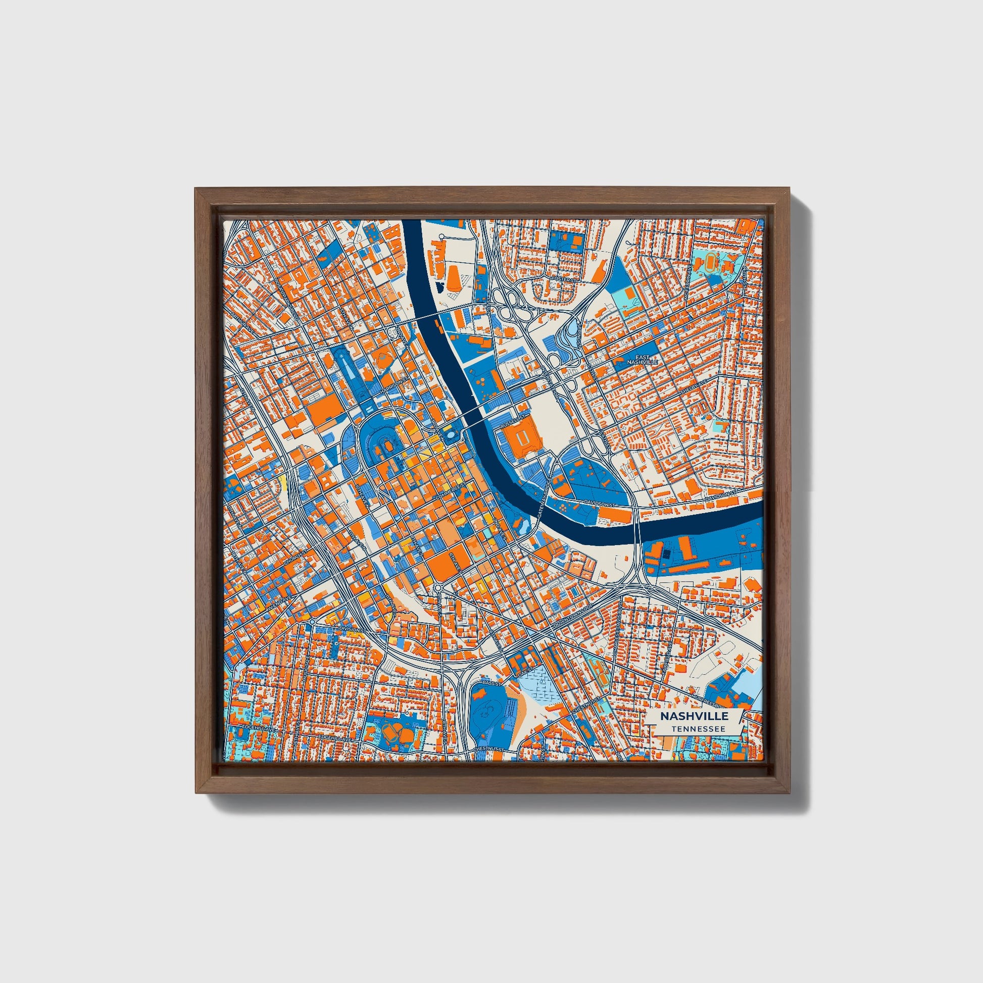 Nashville Tennessee Colorful City Map Canvas Print • Dark Wooden Framed