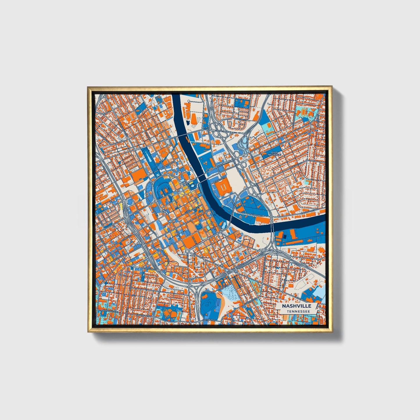 Nashville Tennessee Colorful City Map Canvas Print • Gold Framed
