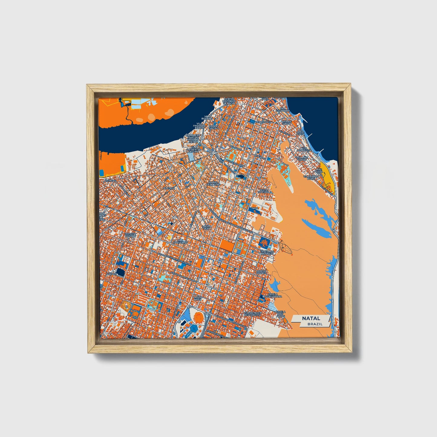 Natal Brazil Colorful City Map Canvas Print • Natural Wooden Framed