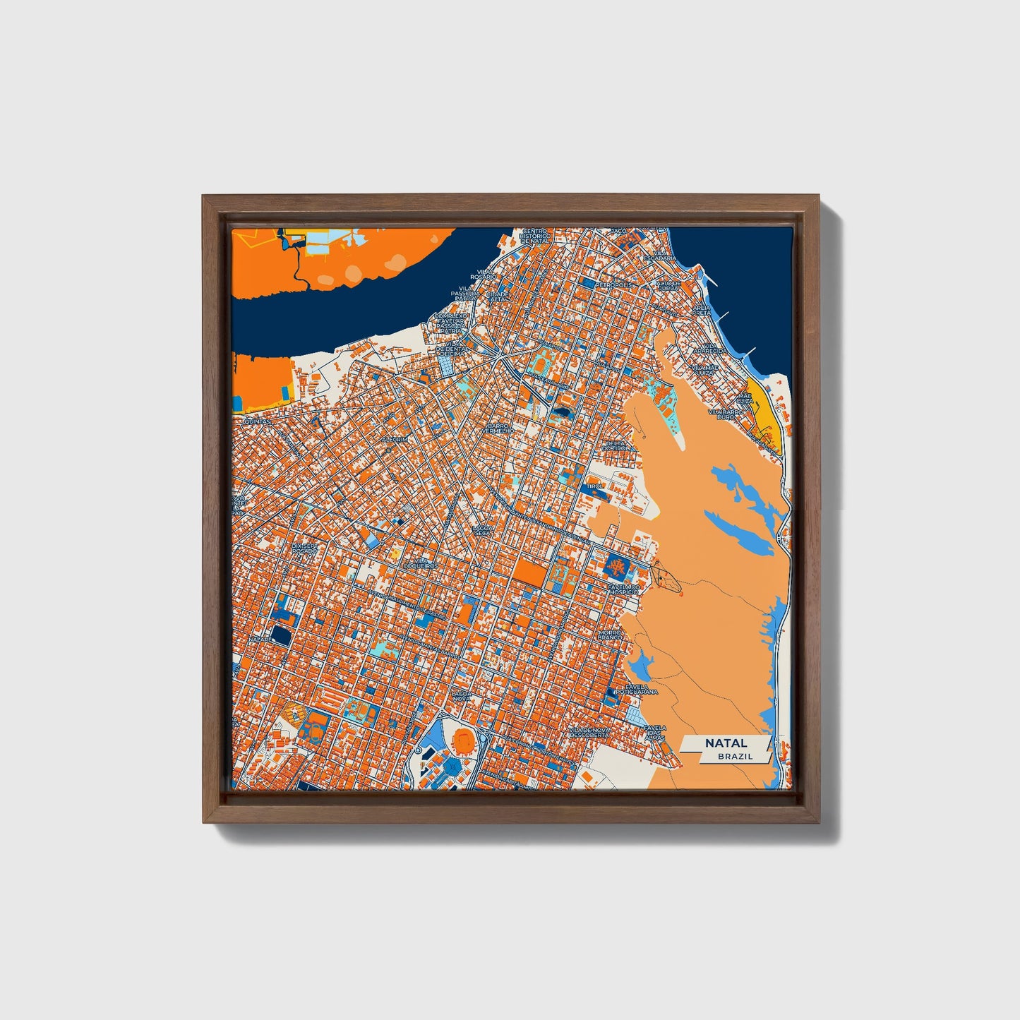 Natal Brazil Colorful City Map Canvas Print • Dark Wooden Framed