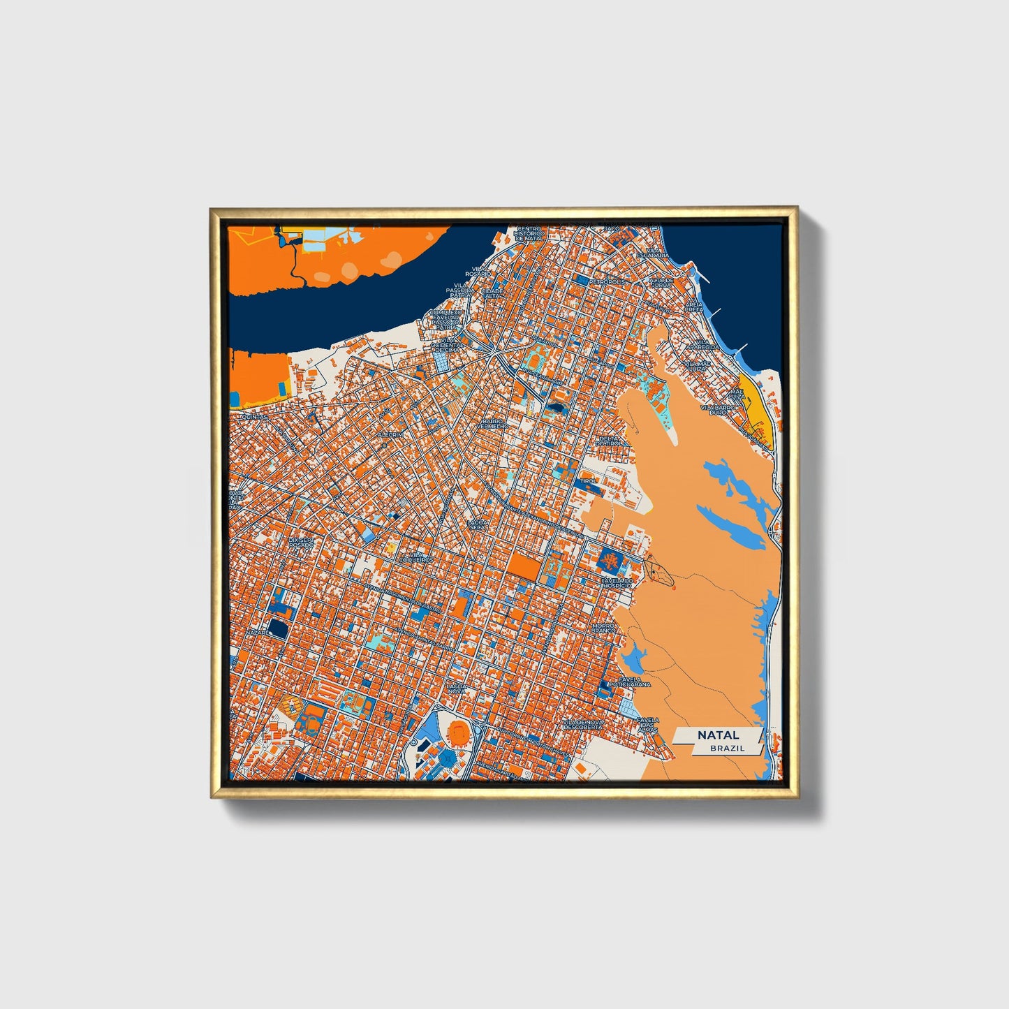 Natal Brazil Colorful City Map Canvas Print • Gold Framed