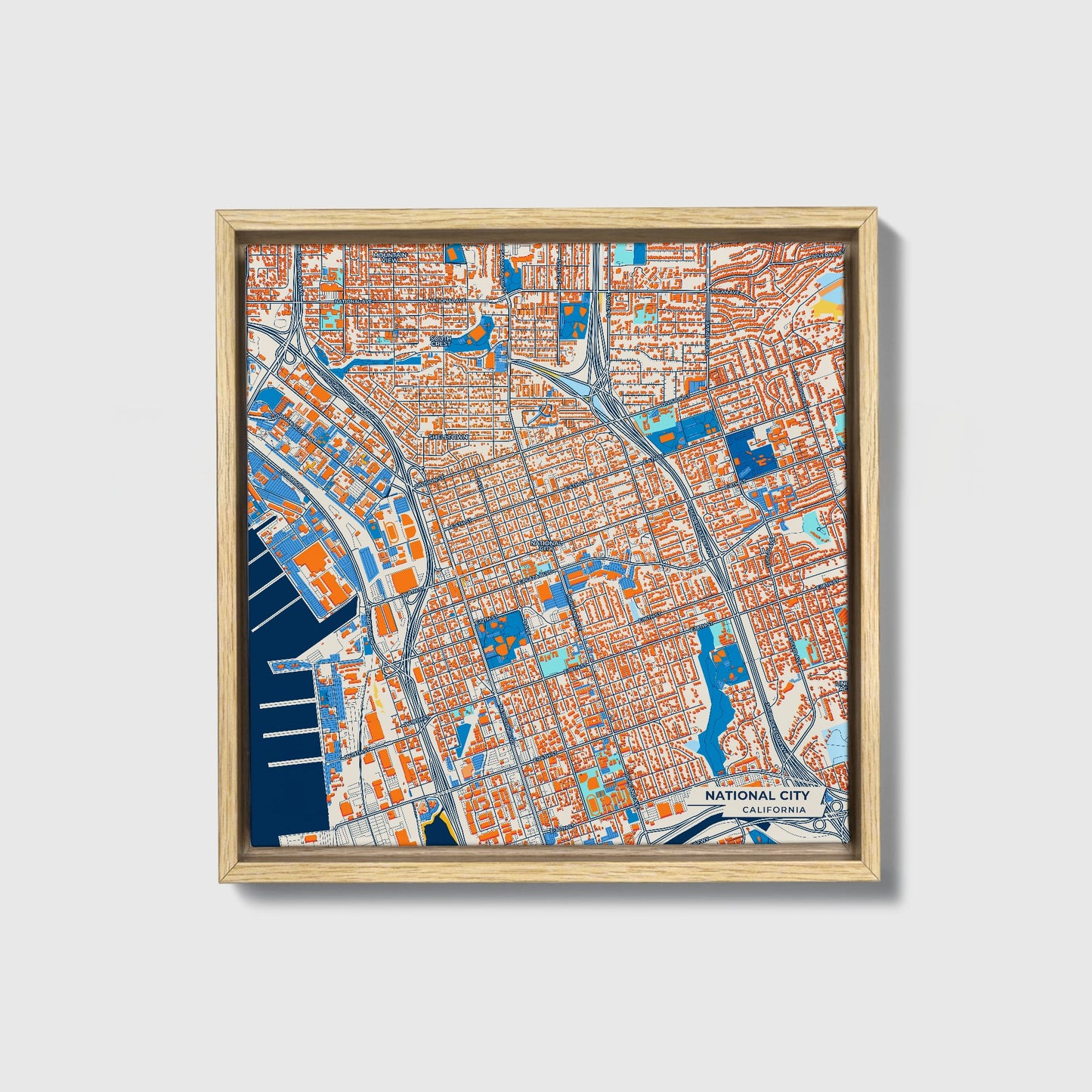 National City California Colorful City Map Canvas Print • Natural Wooden Framed