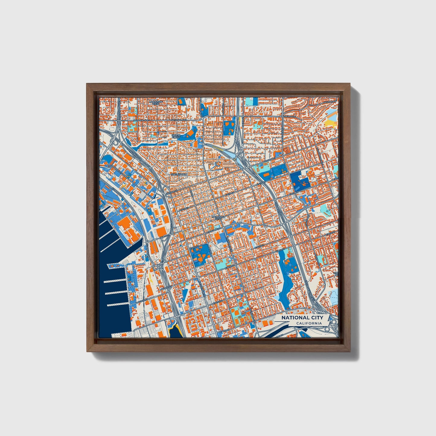 National City California Colorful City Map Canvas Print • Dark Wooden Framed