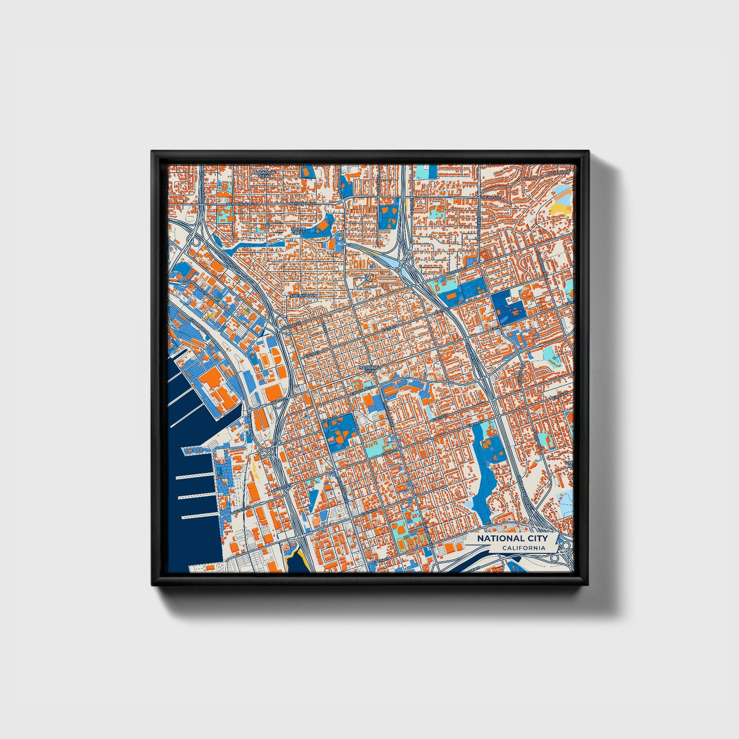National City California Colorful City Map Canvas Print • Black Framed
