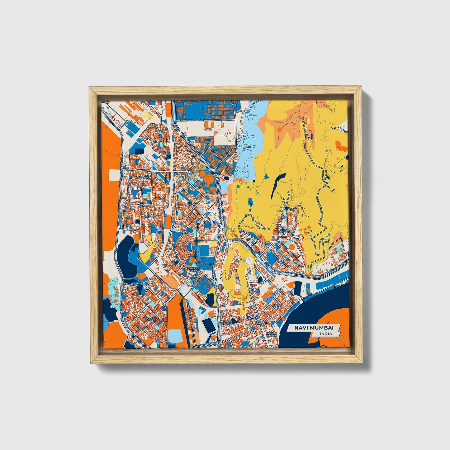 Navi Mumbai India Colorful City Map Canvas Print • Natural Wooden Framed