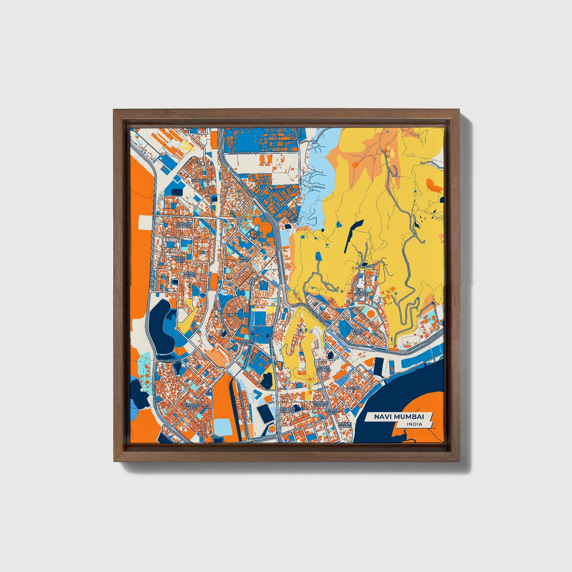 Navi Mumbai India Colorful City Map Canvas Print • Dark Wooden Framed