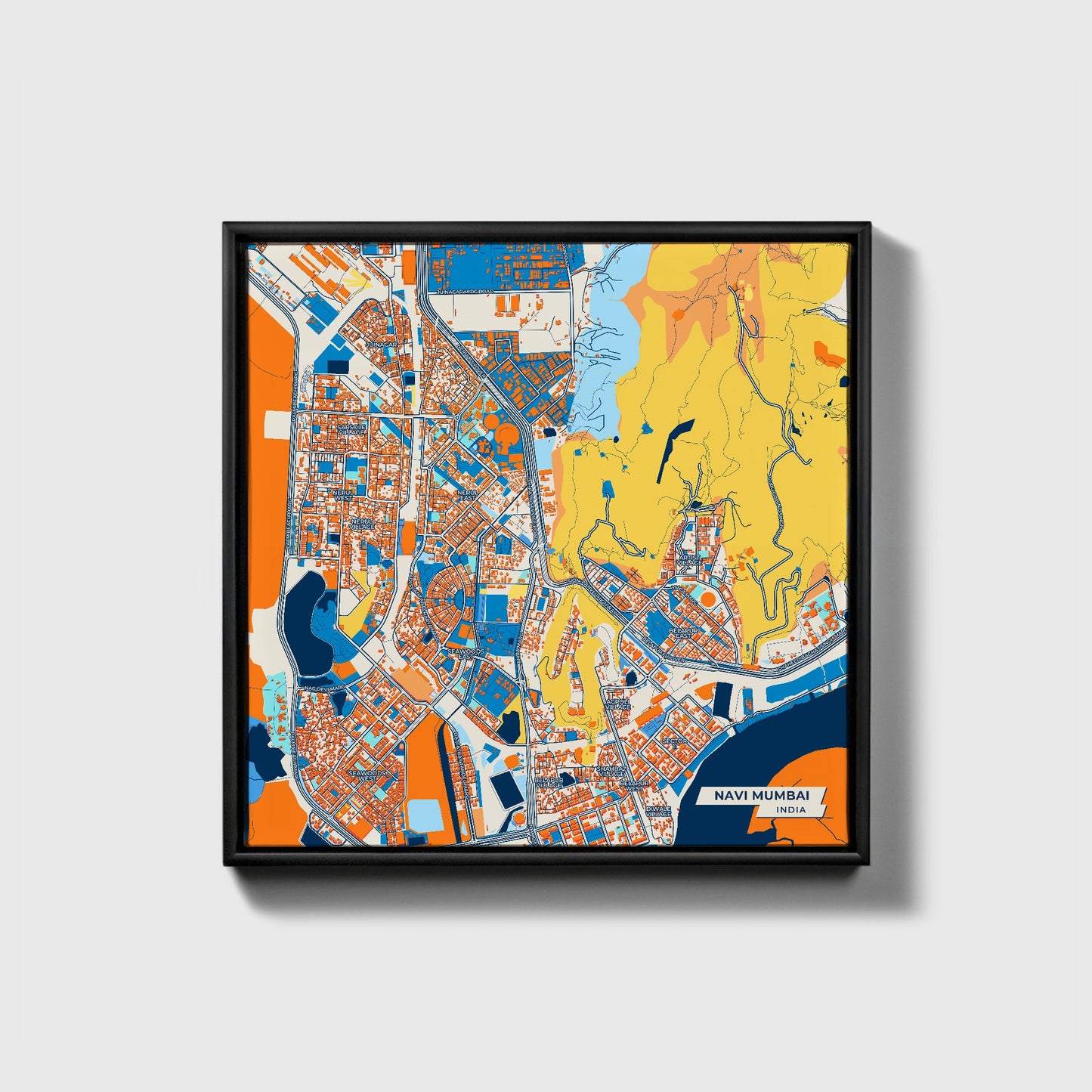 Navi Mumbai India Colorful City Map Canvas Print • Black Framed