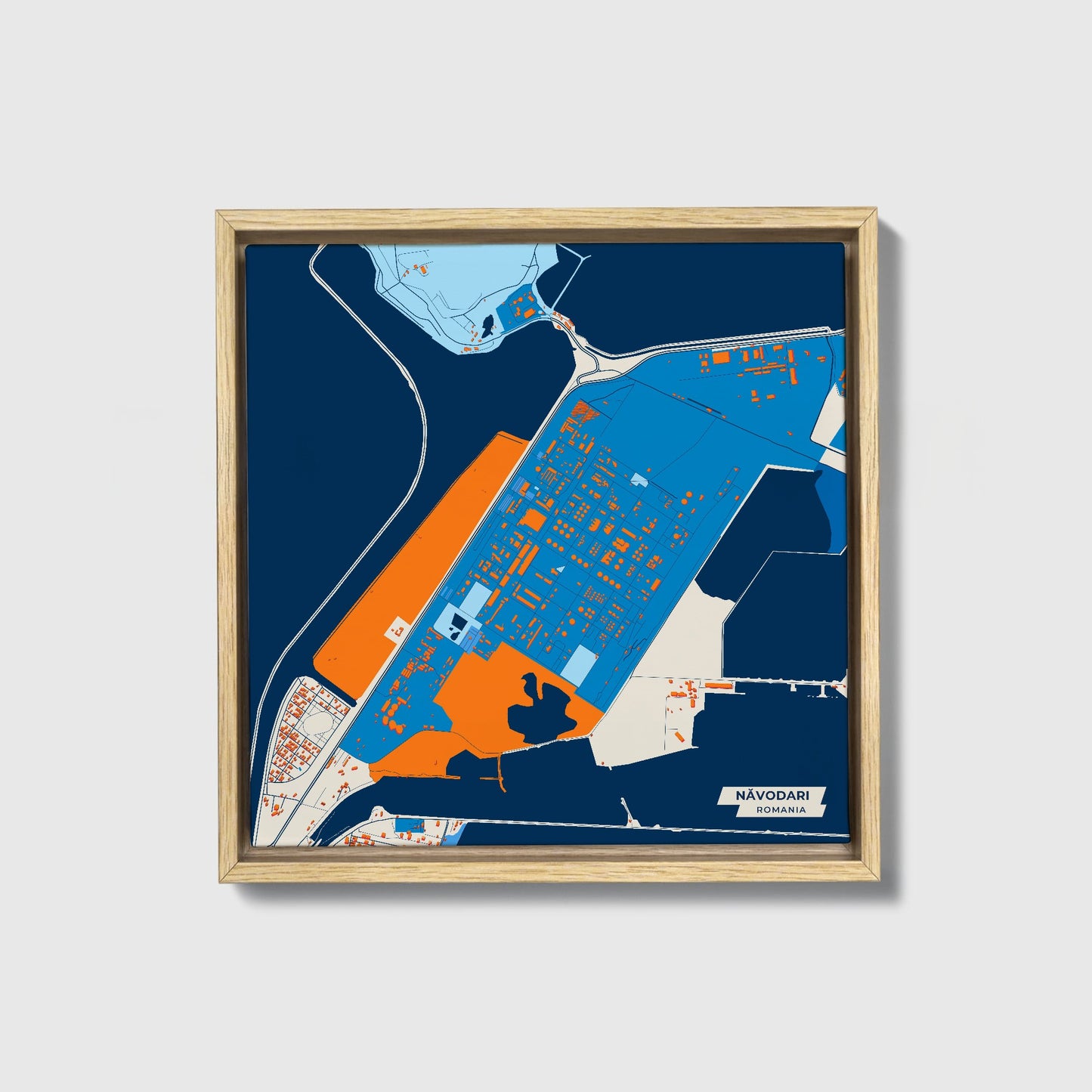 Năvodari Romania Colorful City Map Canvas Print • Natural Wooden Framed