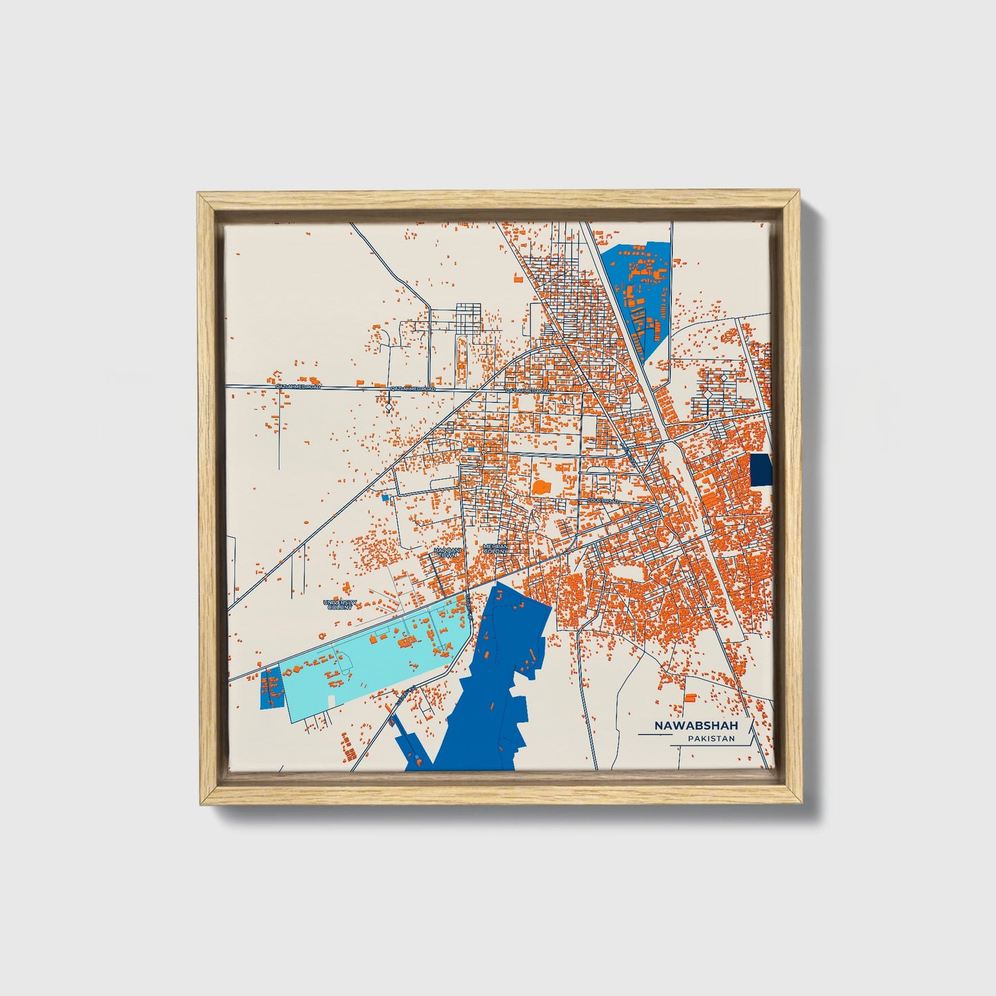 Nawabshah Pakistan Colorful City Map Canvas Print • Natural Wooden Framed
