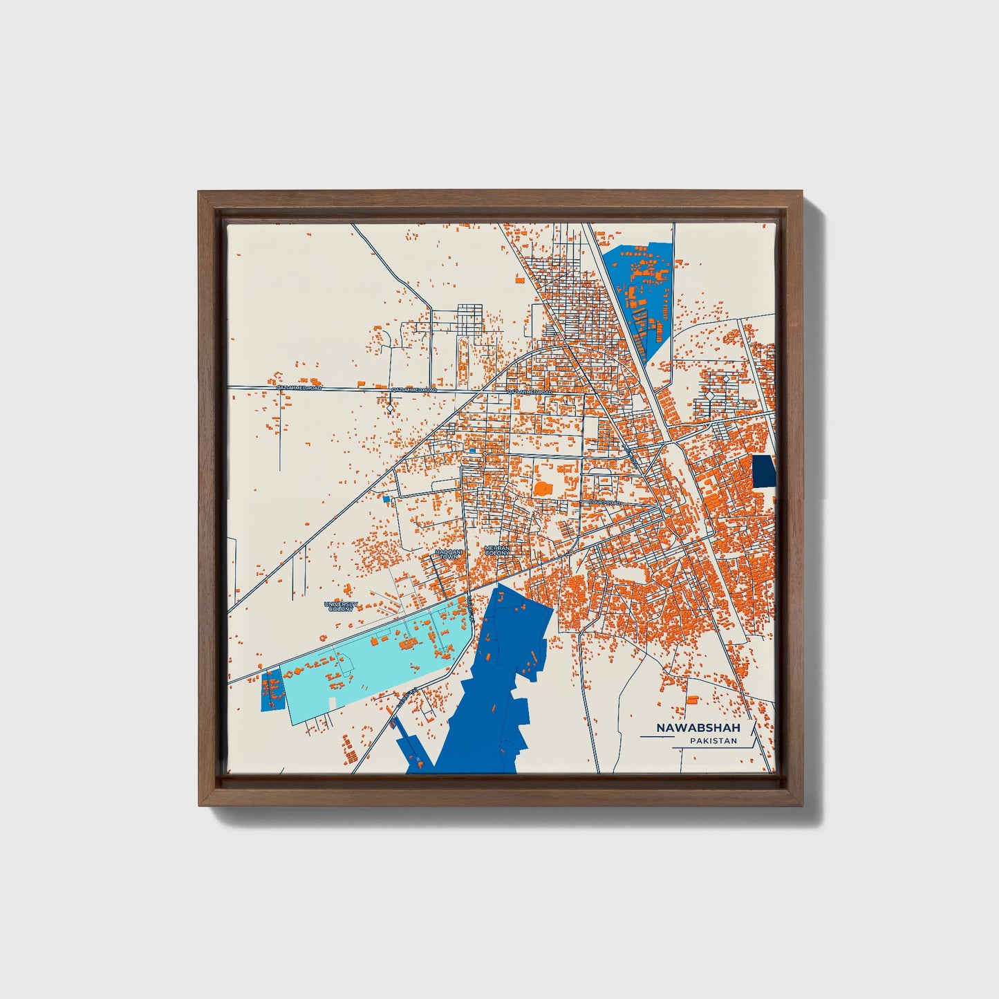 Nawabshah Pakistan Colorful City Map Canvas Print • Dark Wooden Framed