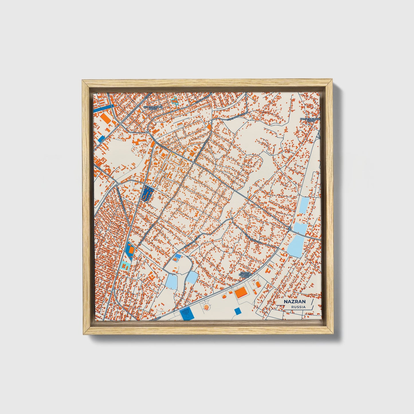 Назрань Russia Colorful City Map Canvas Print • Natural Wooden Framed