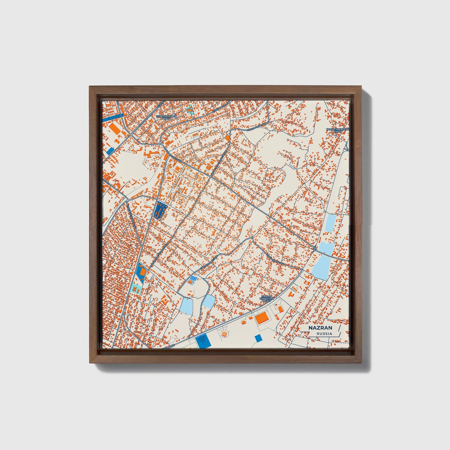 Назрань Russia Colorful City Map Canvas Print • Dark Wooden Framed